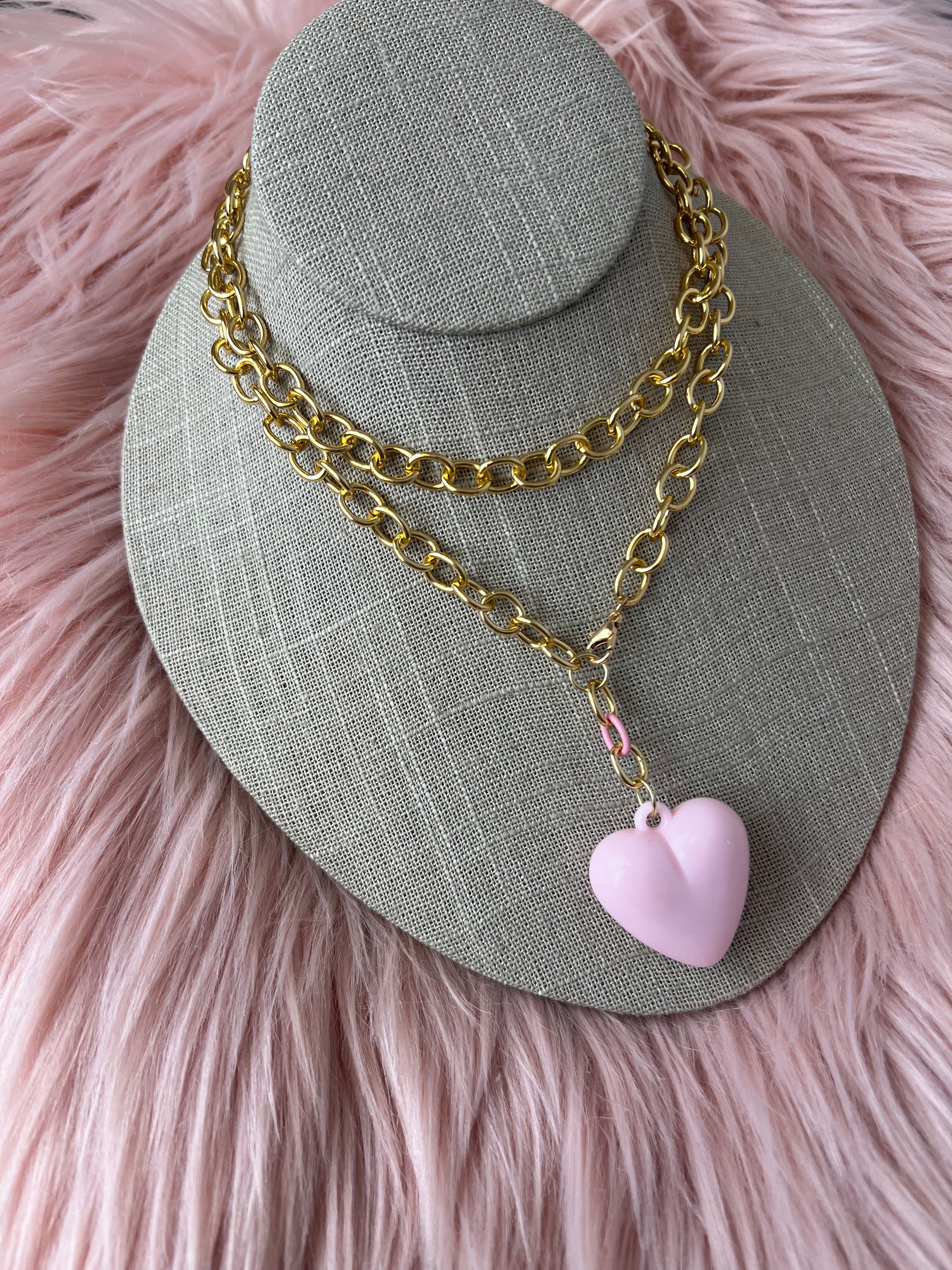 Poppy Pink Long Chunky Heart Necklace