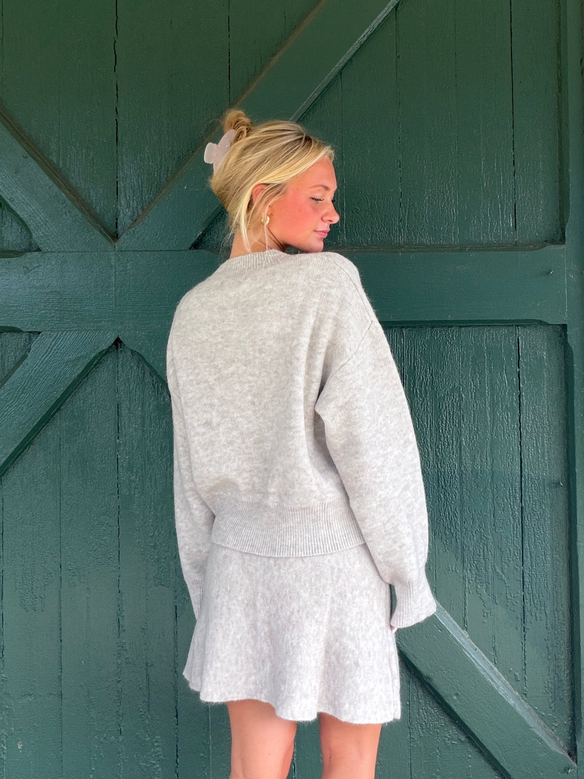 Oatmeal knit sweater top and flared mini skirt set, crew neck, long sleeves