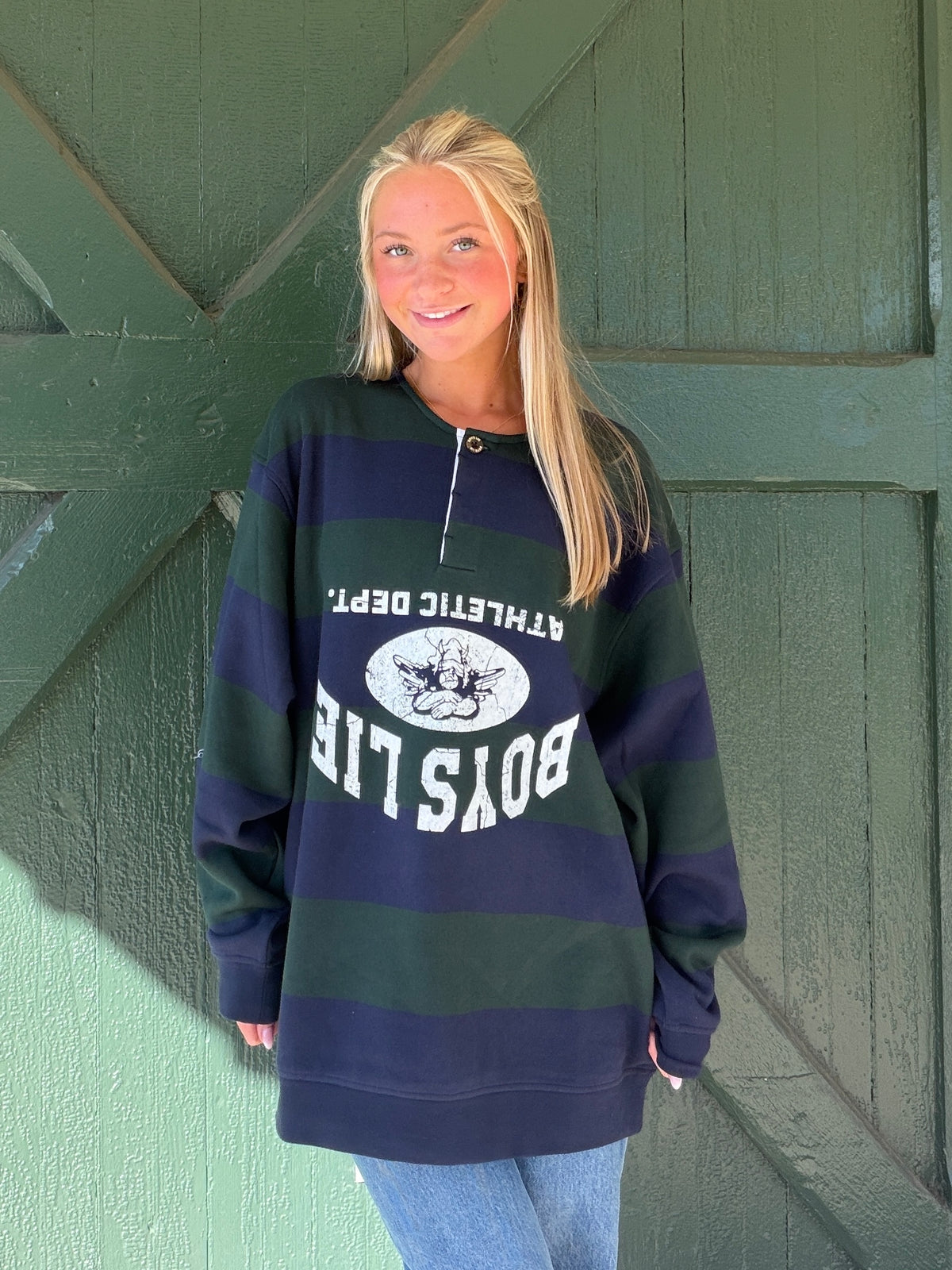 Boys Lie striped rugby sweatshirt, navy and green; white chest logo graphic