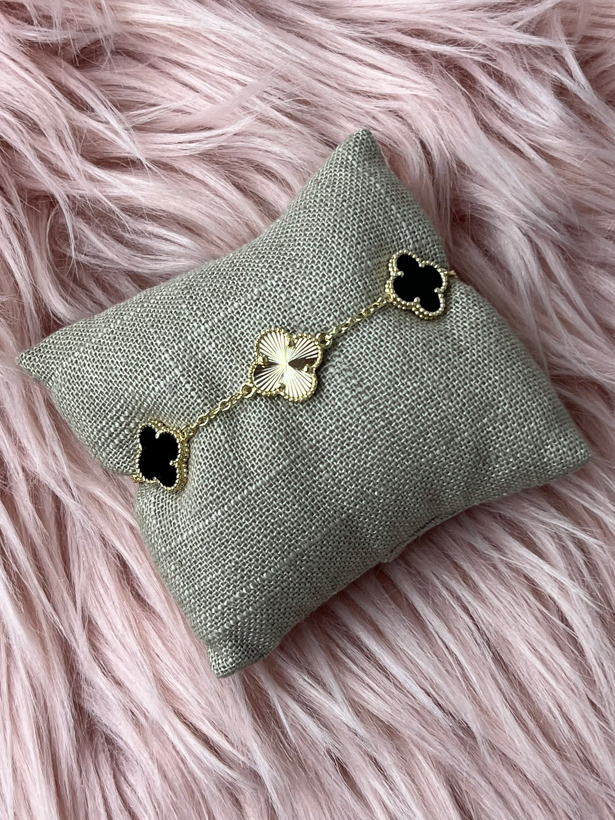 Black Enamel and Gold Clover Bracelet