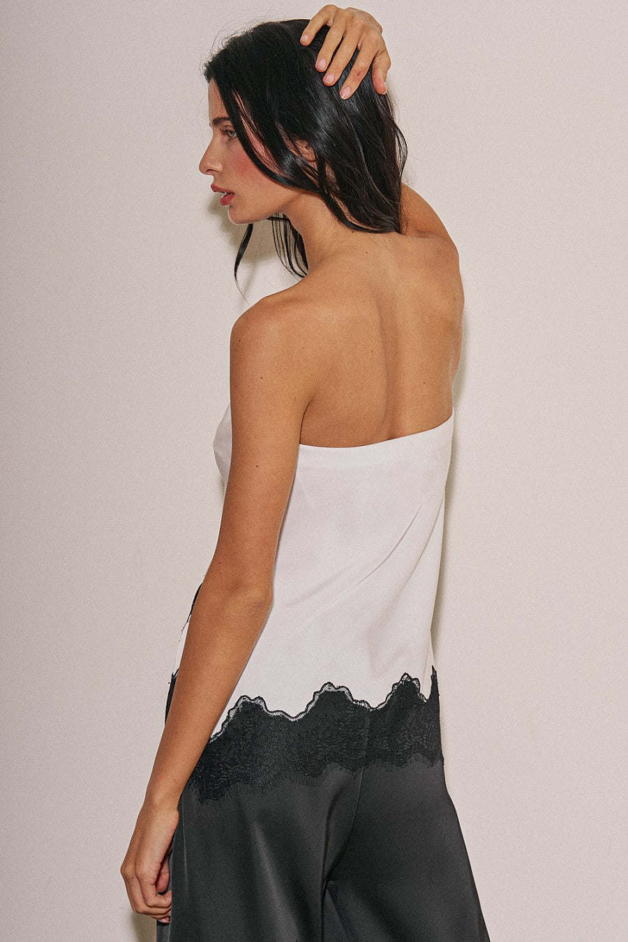 The Amara Strapless Lace Trim Satin Top