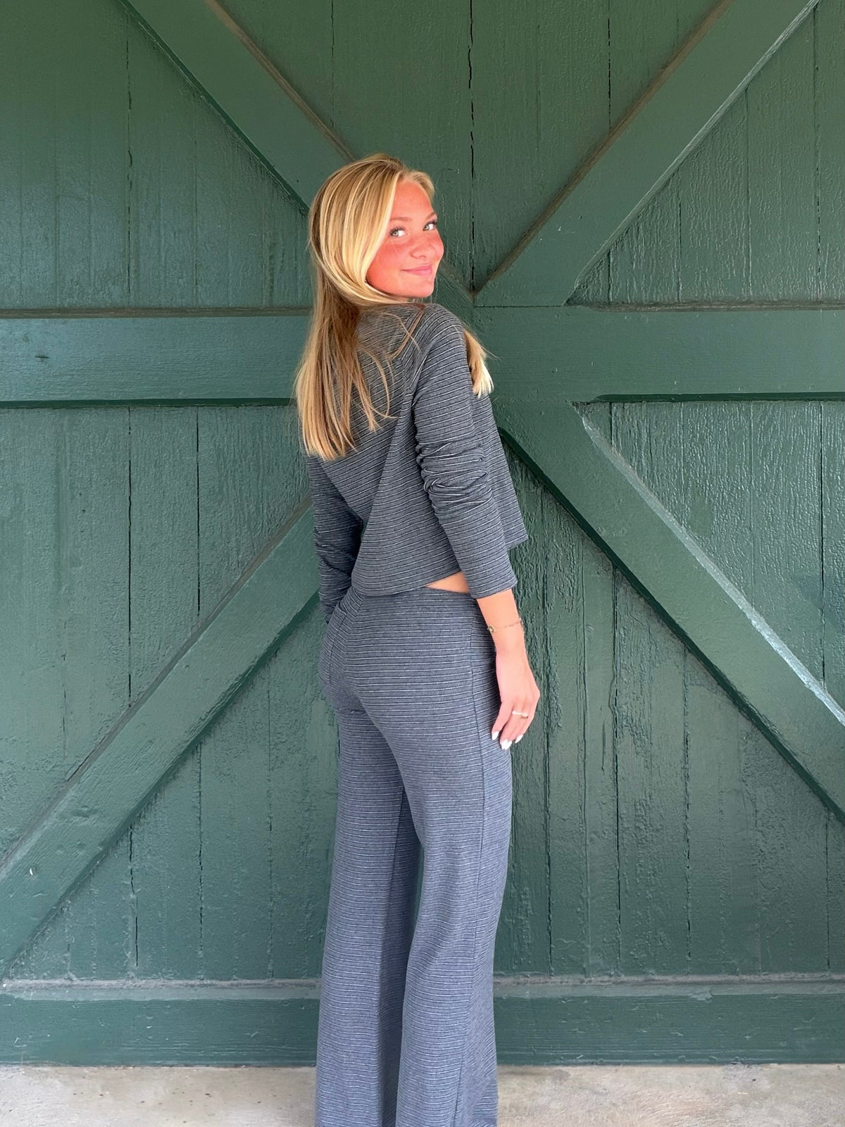 The Comfy Social Cardigan – Dark Grey Stripe