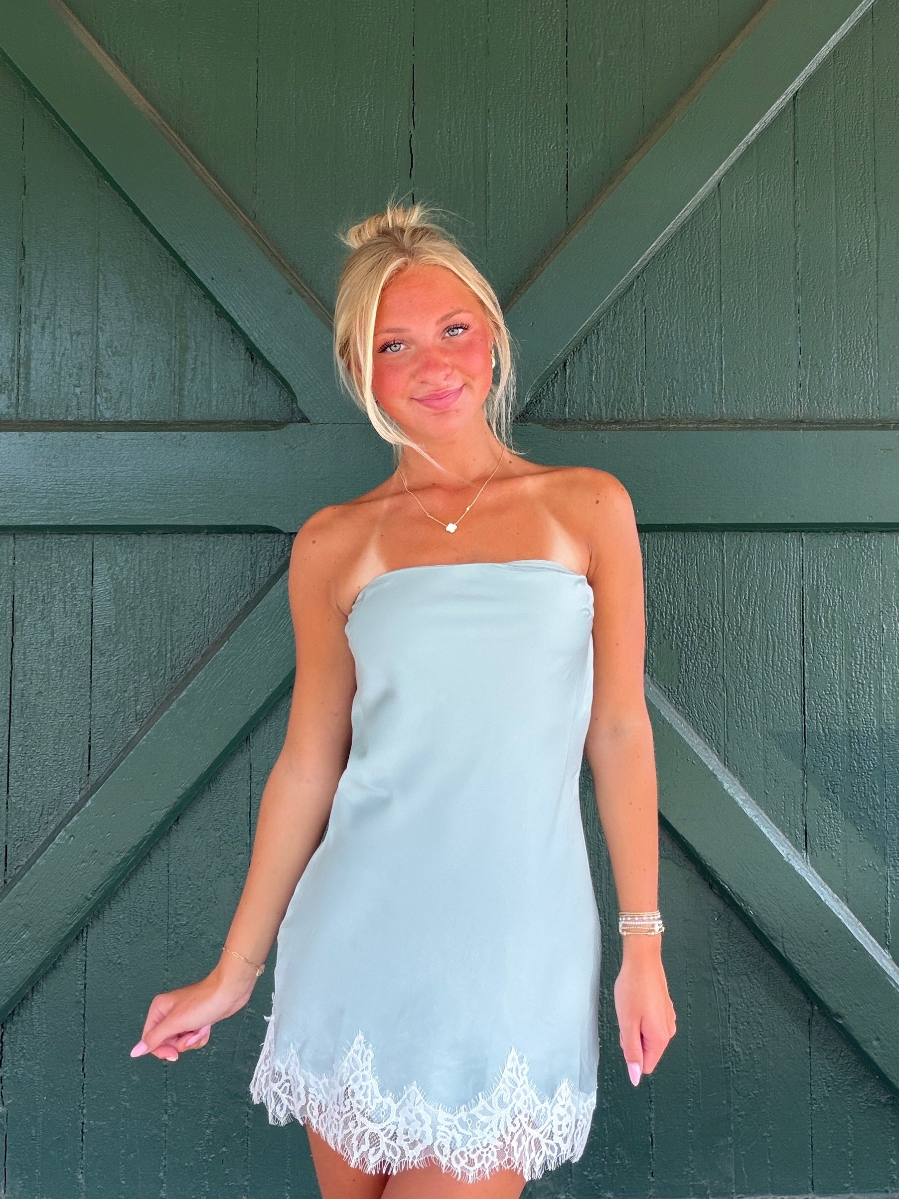 Sage Mist Lace Hem Mini Dress