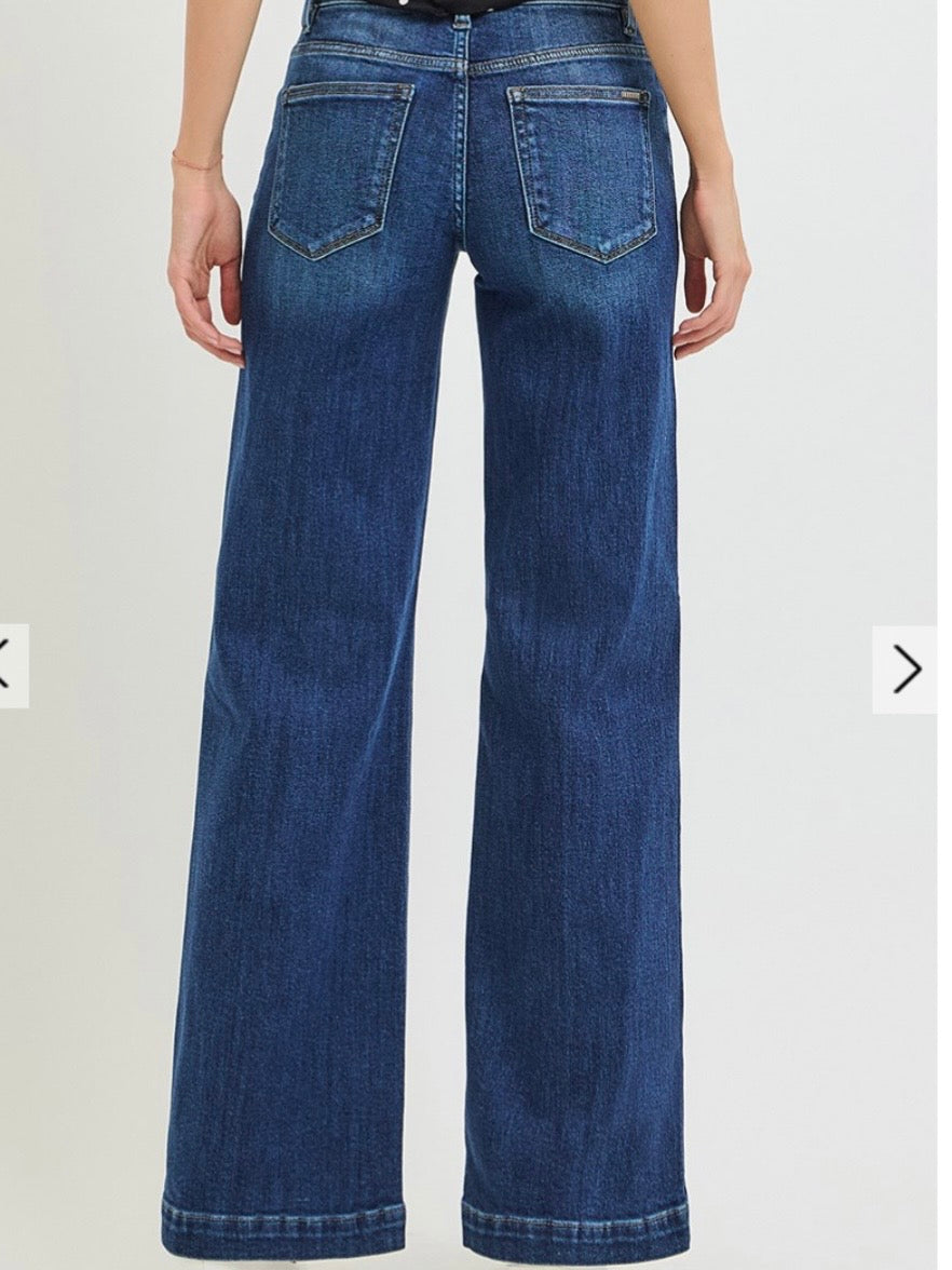 Risen Mid Rise Tummy Control Wide Leg Jeans-Dark Wash