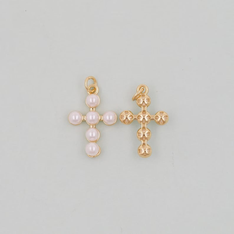 Gold Large Pearl Cross Charm