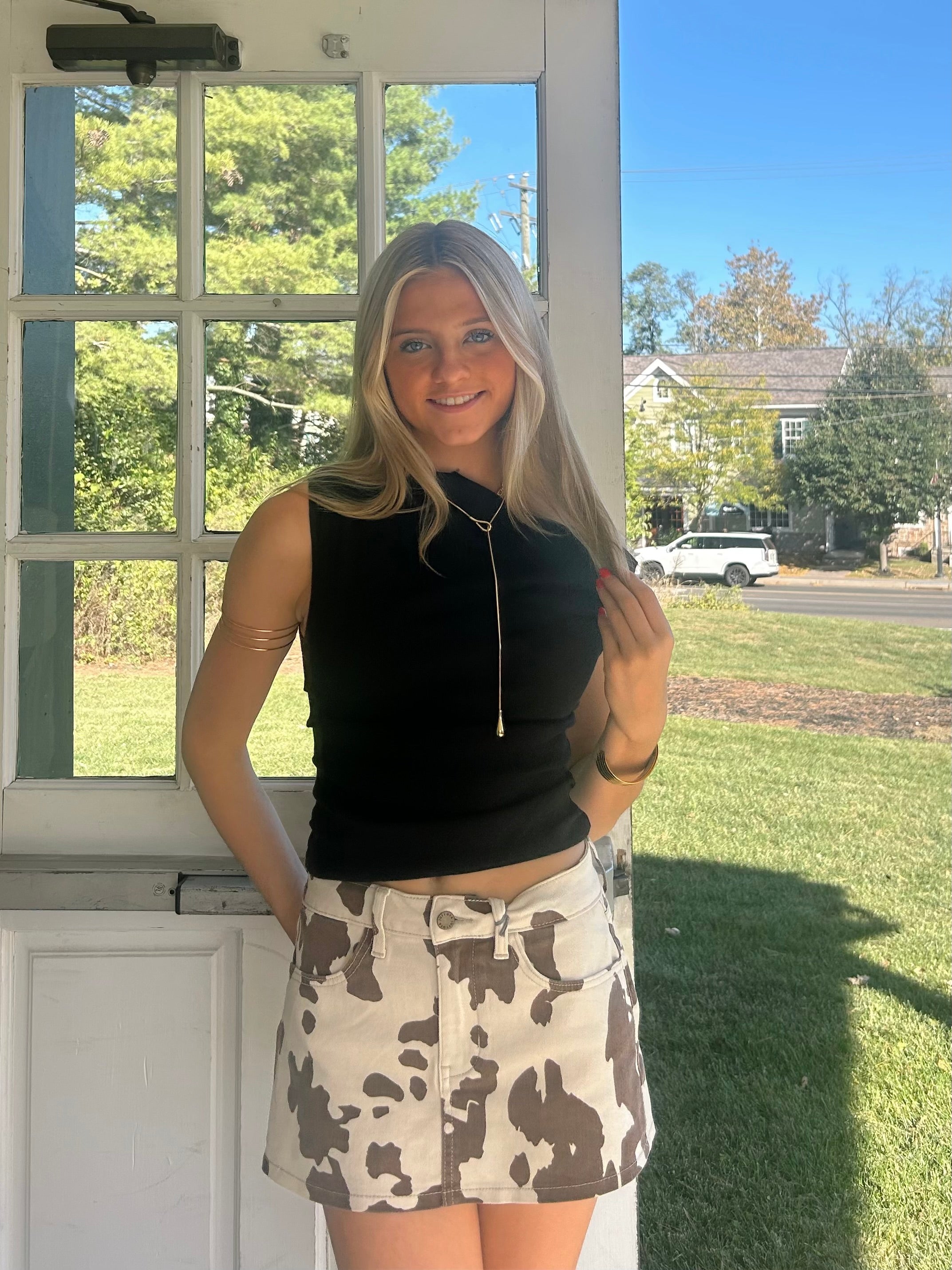 Classic Cow Print Mini Denim Skort