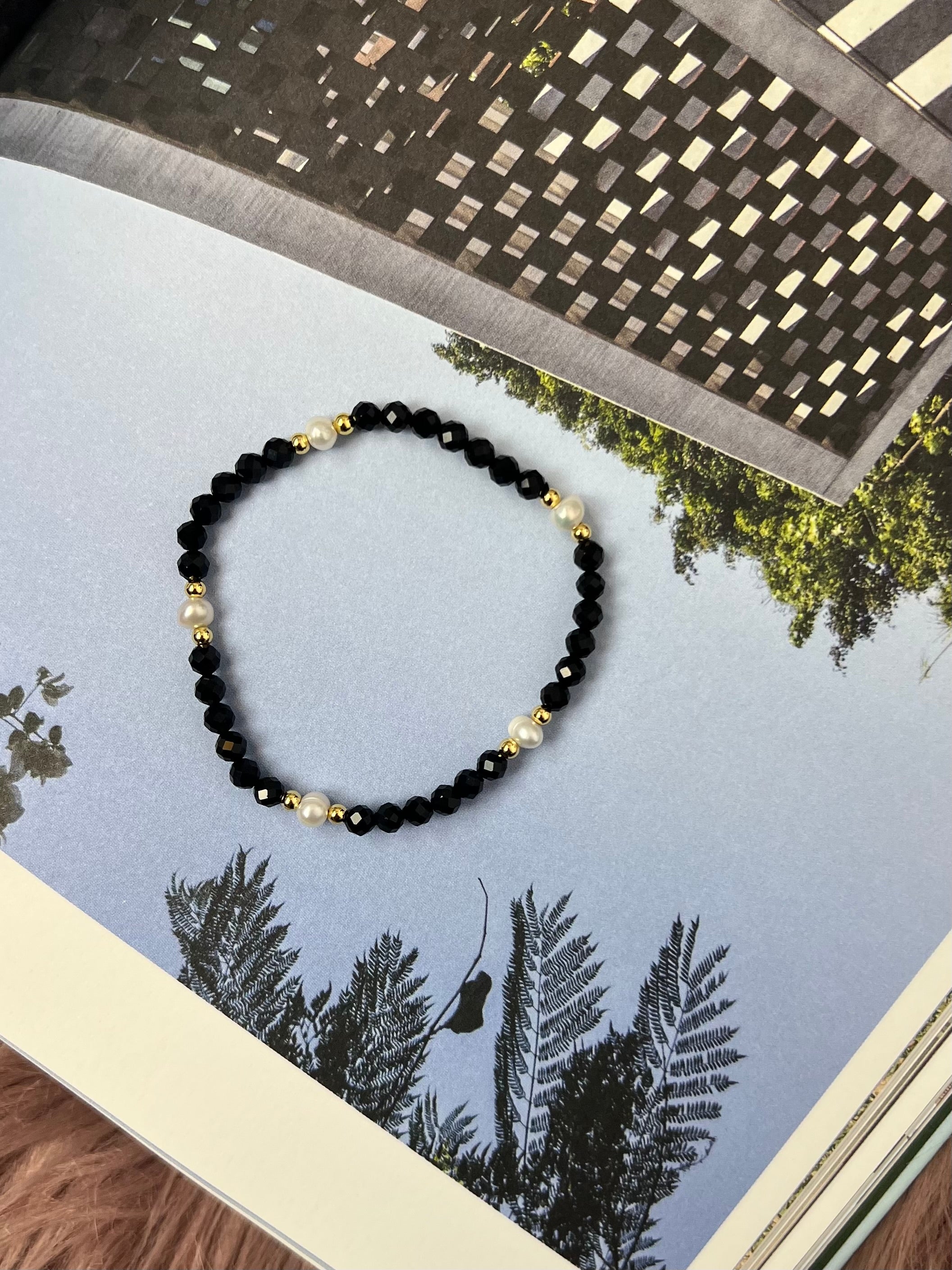 Ava Faceted Black Crystal, Pearl, and Gold Bead Stretch Bracelet