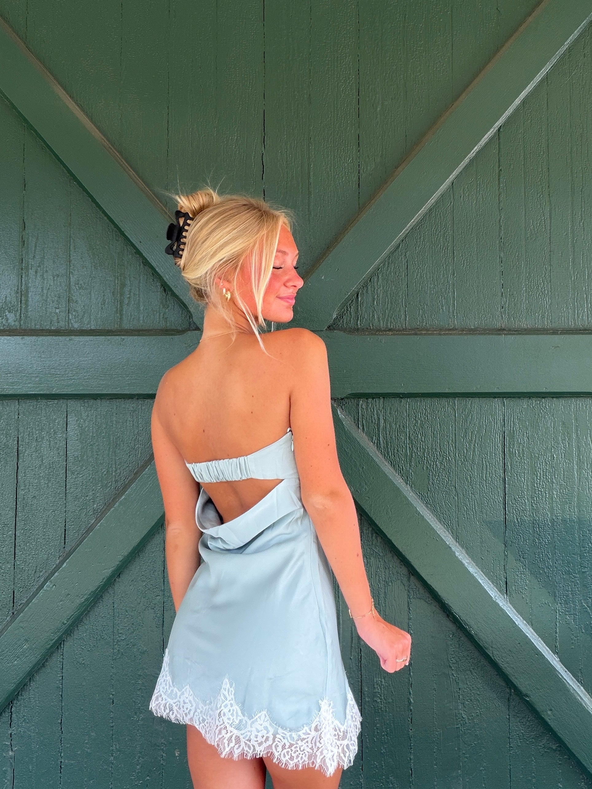 Sage Mist Lace Hem Mini Dress