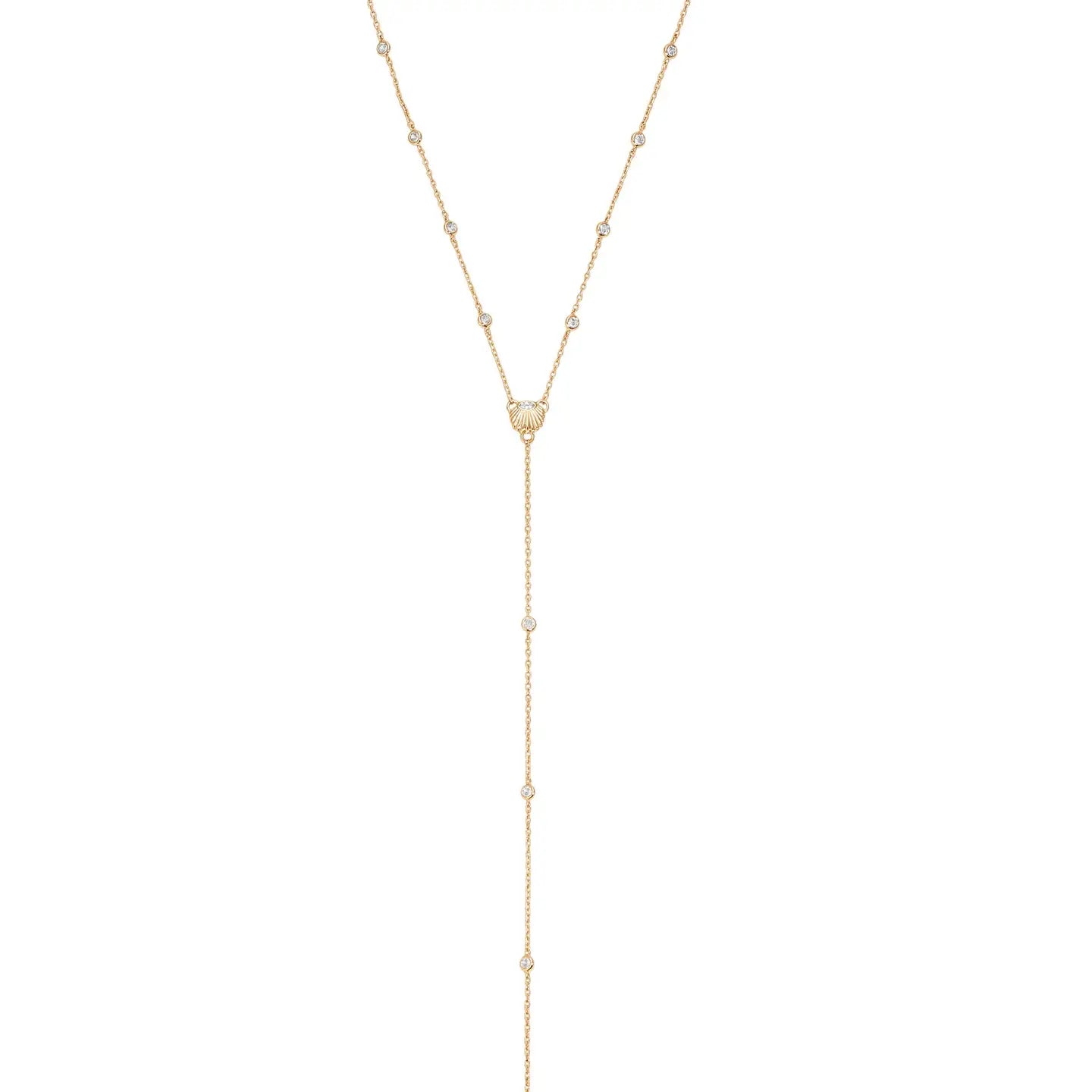 Ettika Santorini Shell Lariat Necklace – 18K Gold Plated CZ Drop Necklace
