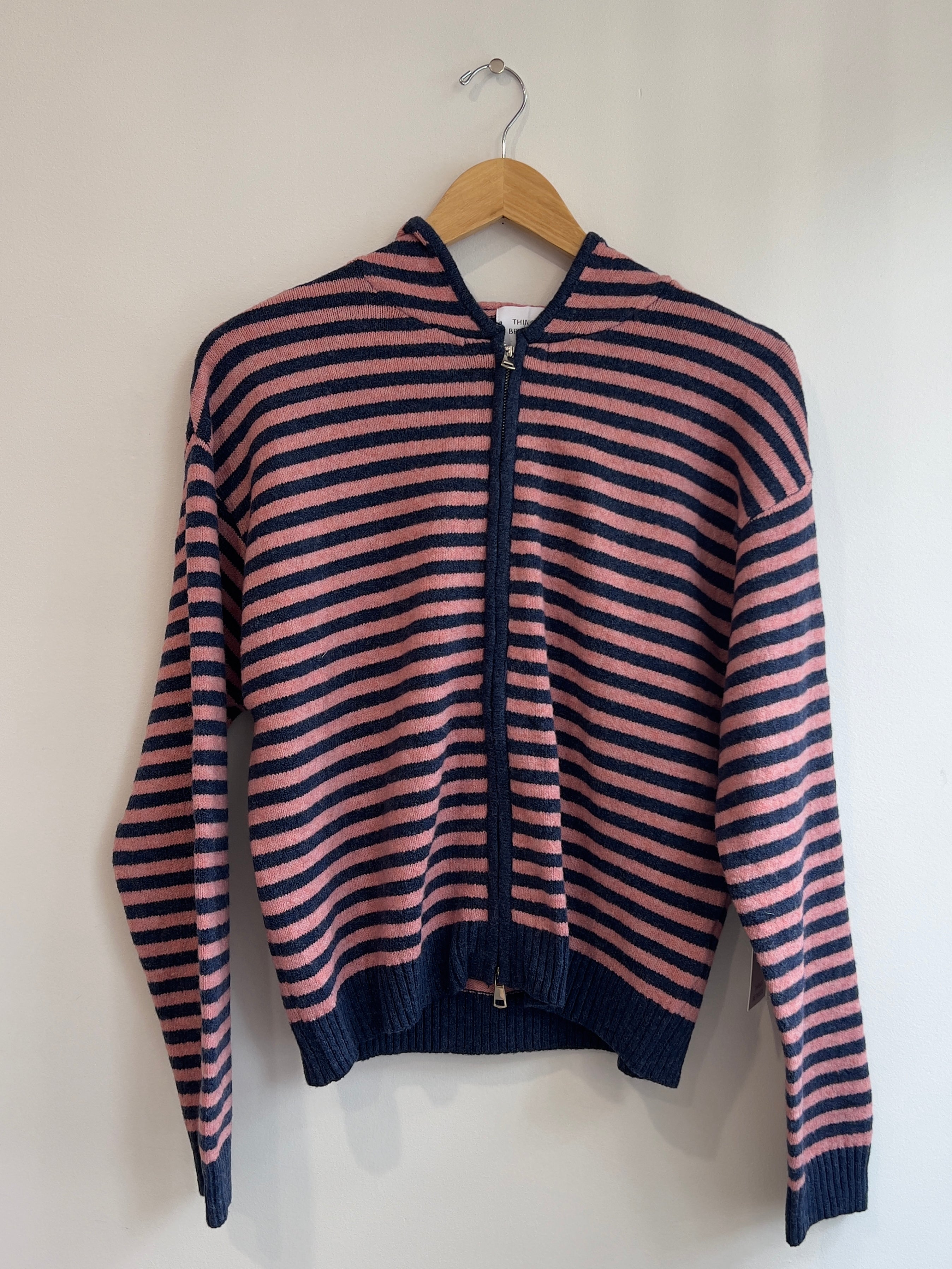 The It Girl Stripe Zip Sweater Hoodie -Denim/Pink