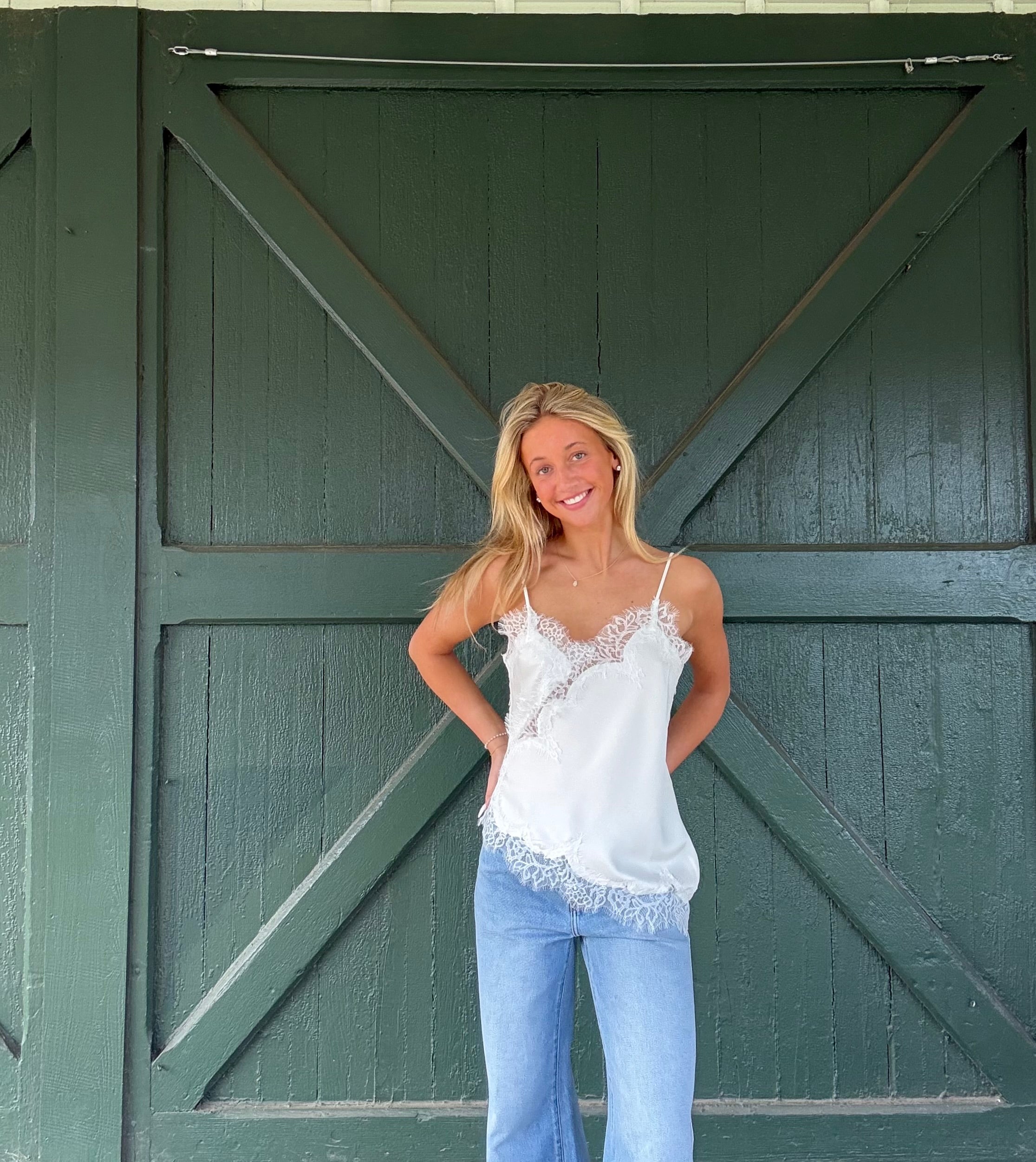 Elara Lace Trim Cami – Off White Asymmetrical Satin Tank