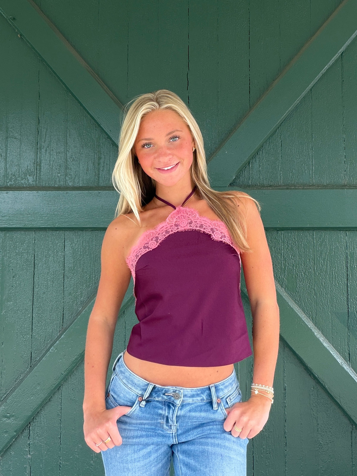 Lila Lace Trim Halter Crop Top
