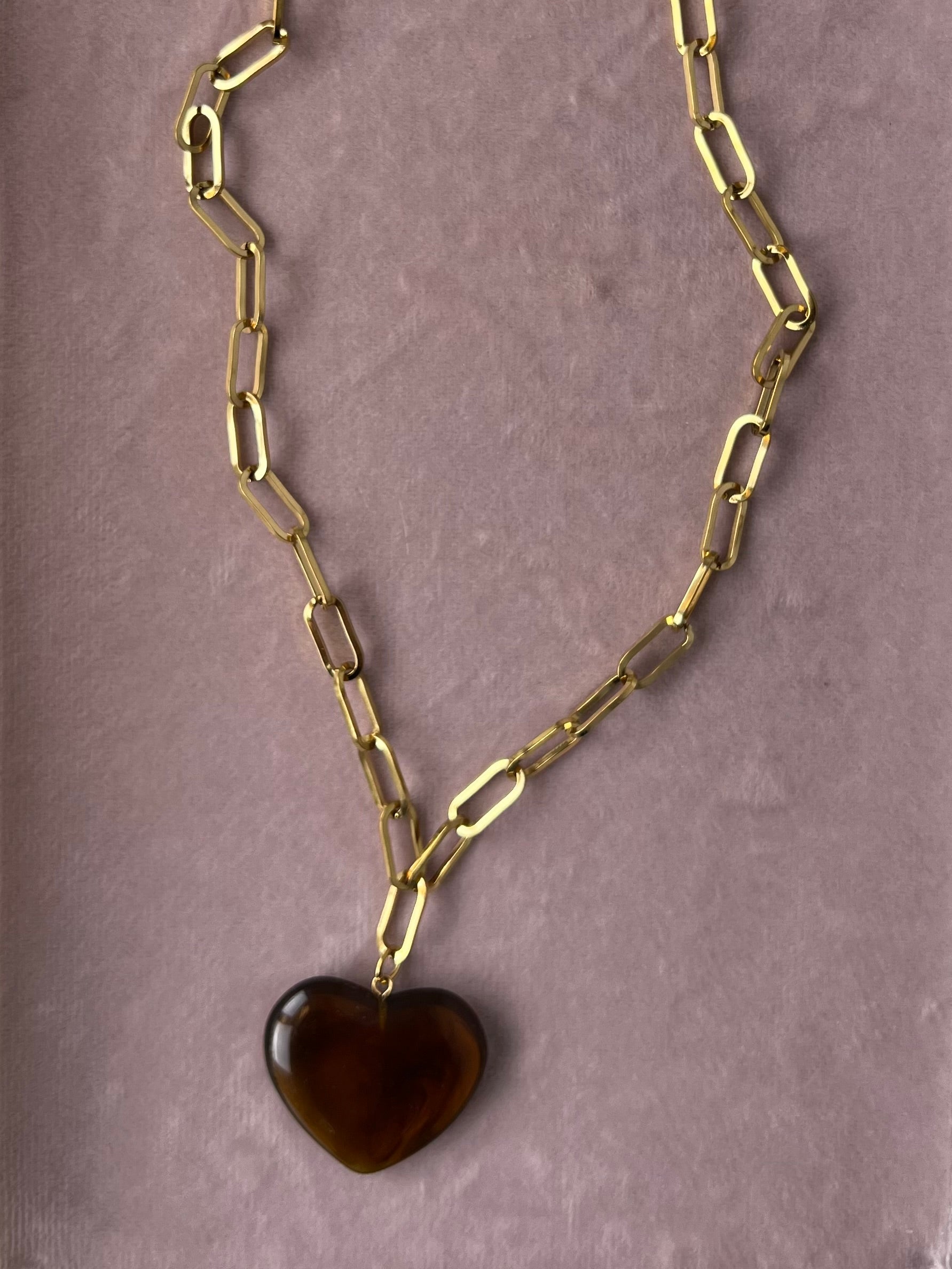 The Melissa Marbled Brown Lucite Puff Heart Necklace – Water & Tarnish Resistan
