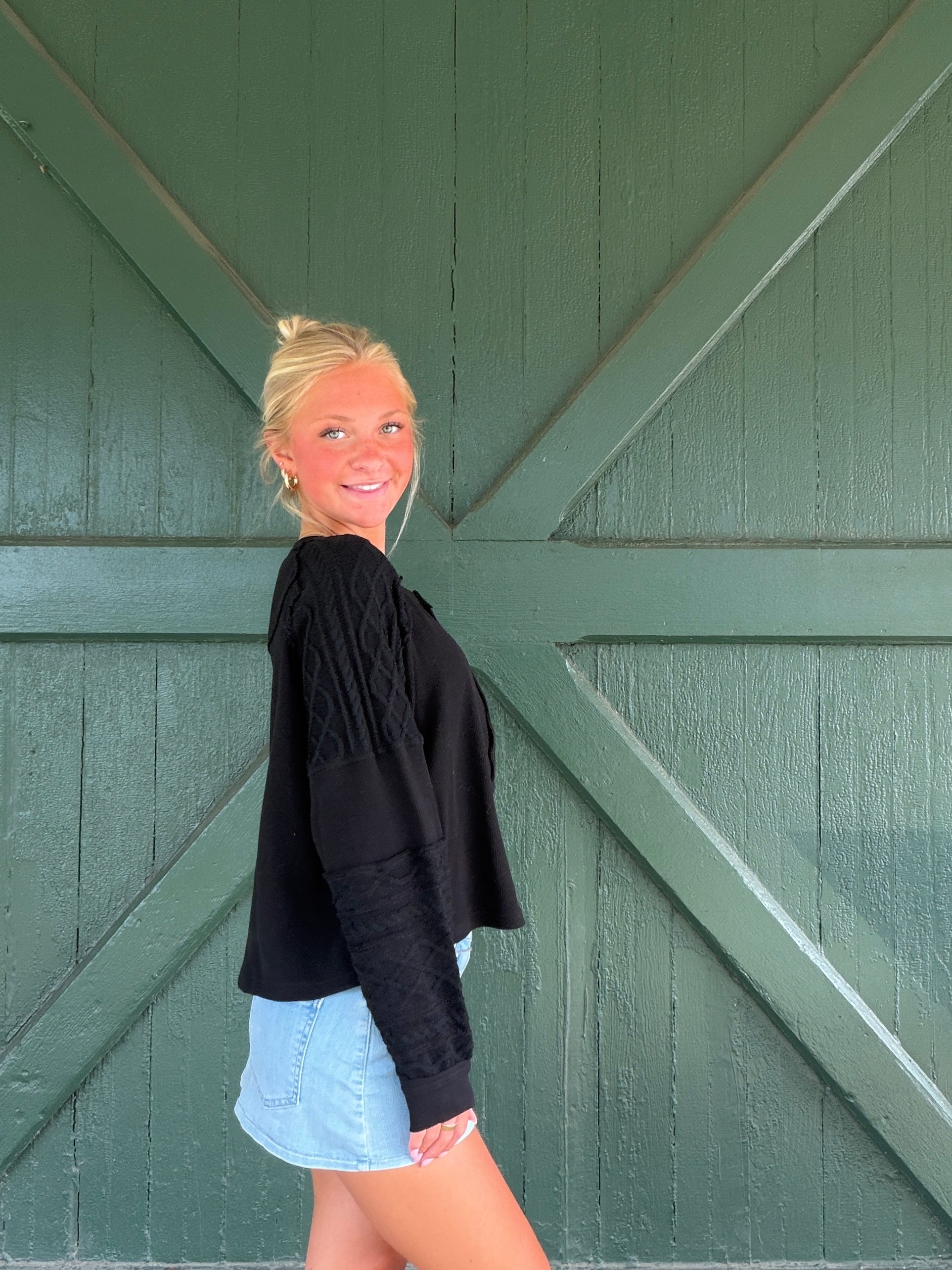 Vintage Havana Black Waffle Cable Knit Henley Top