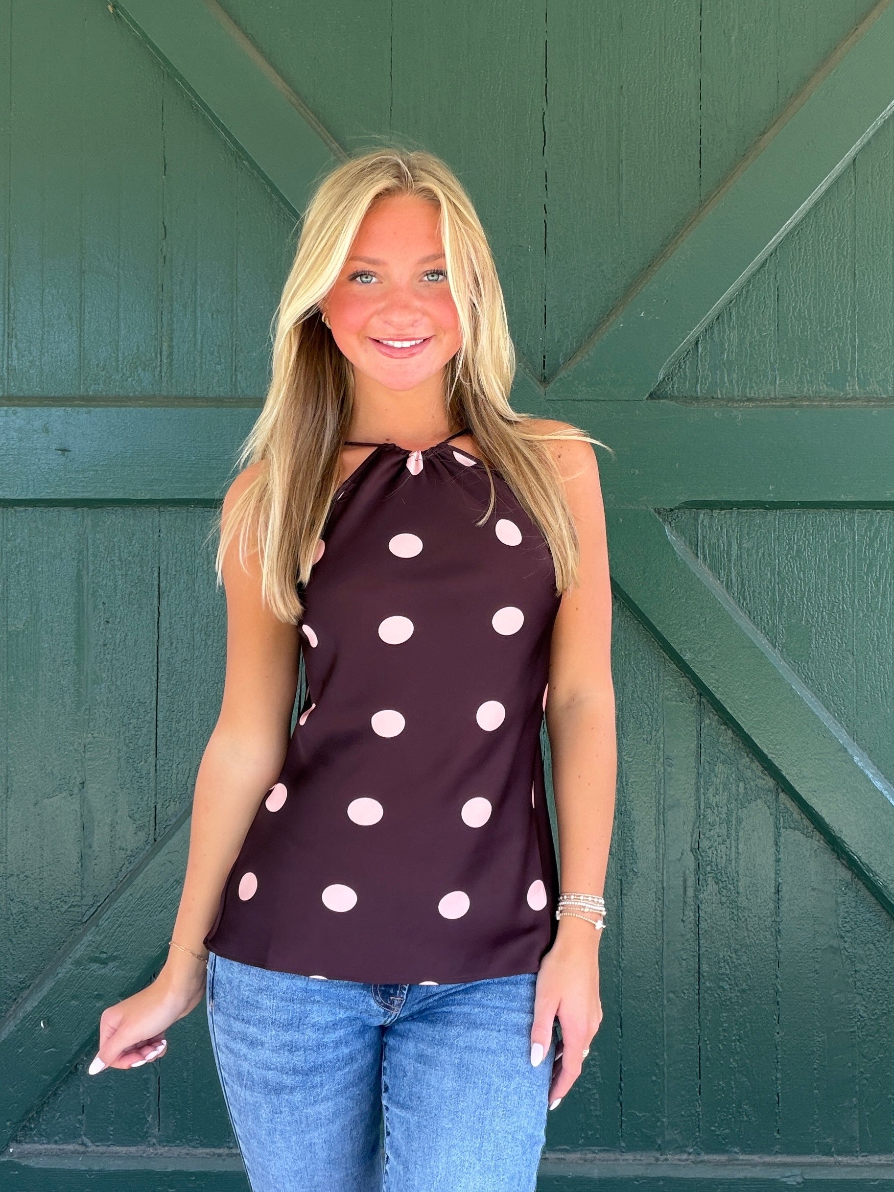 NIA Cressida Top – Wine Polka Dot Halter Blouse