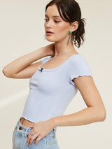 Penelope Baby Blue  Short Sleeve Pointelle Bow Top