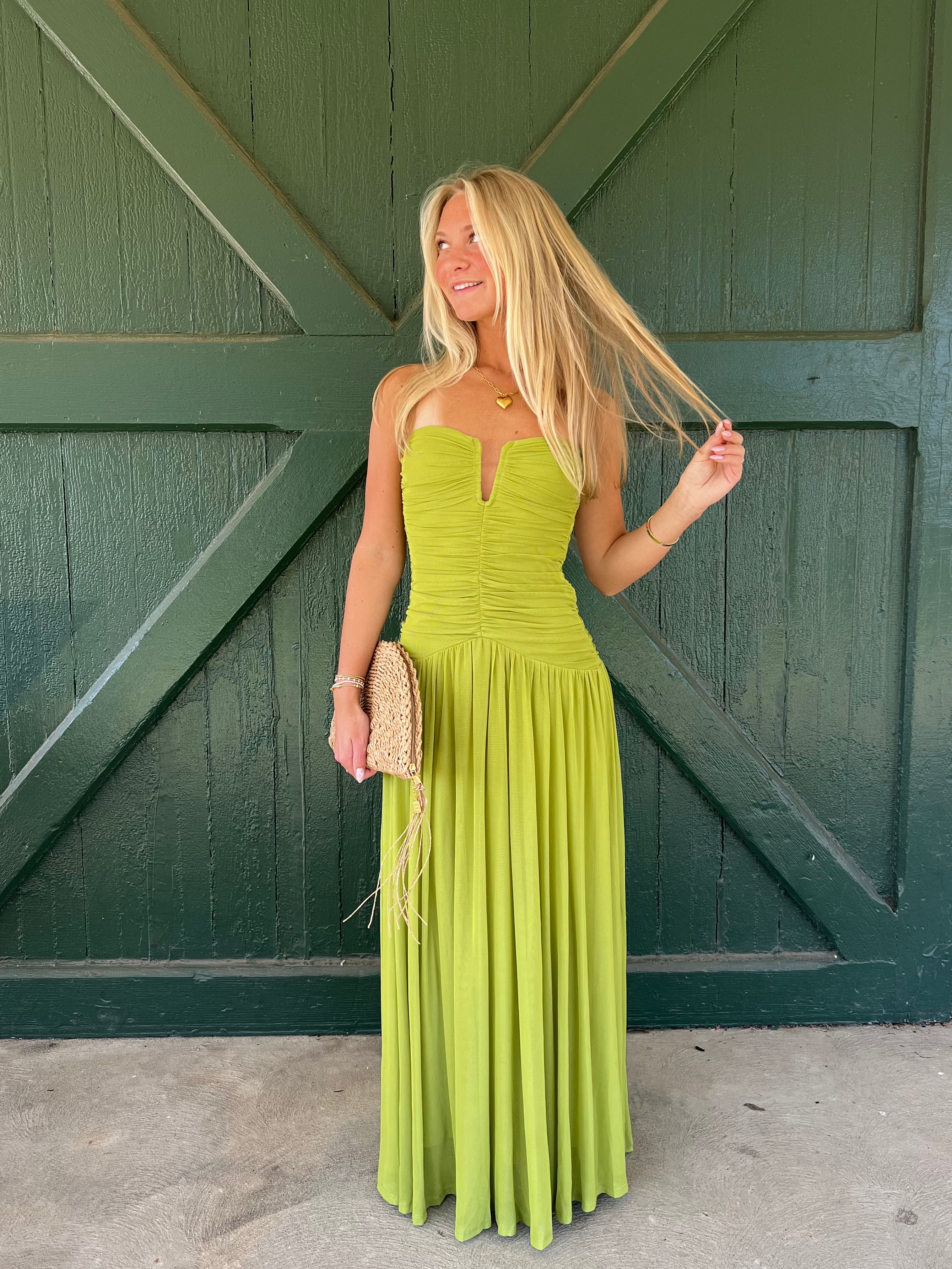 NIA Beverly Ruched Midi Dress Peridot Green Strapless Flowy Dress NIA Beverly Ruched Midi Dress Peridot Green Strapless Flowy Dress