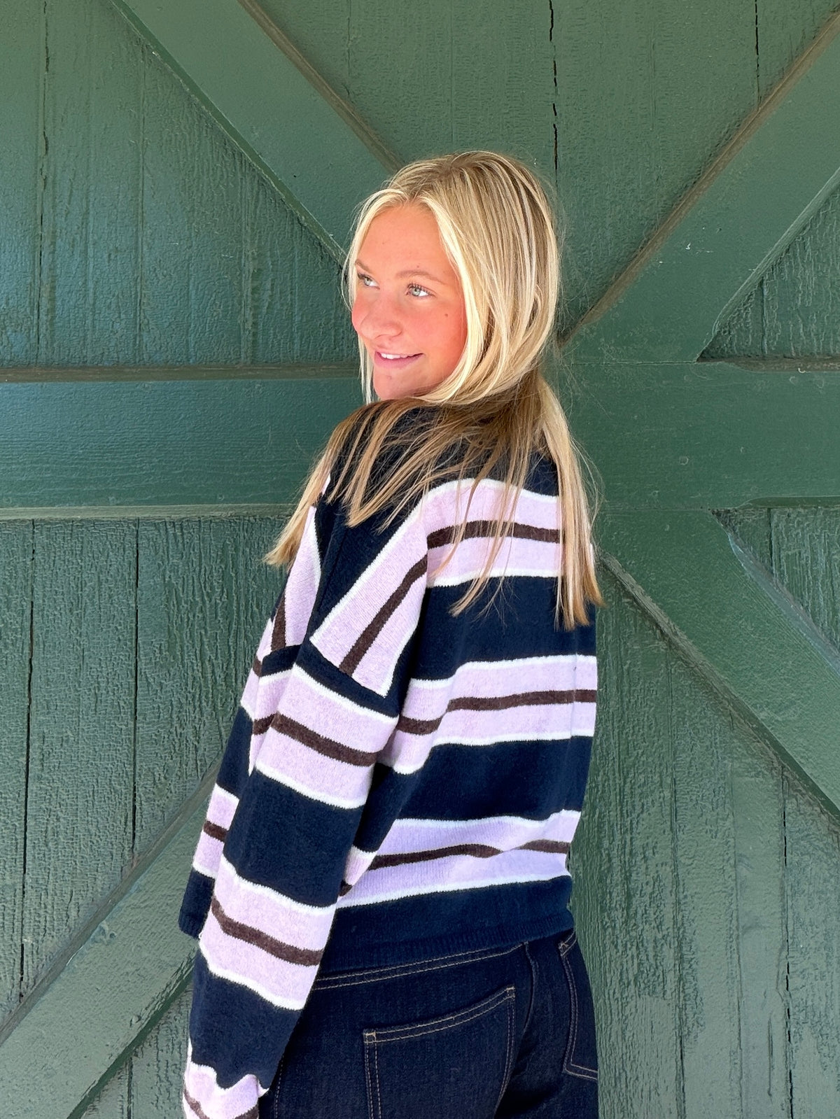 Navy varsity stripe button-front cardigan with long sleeves and crew neckline