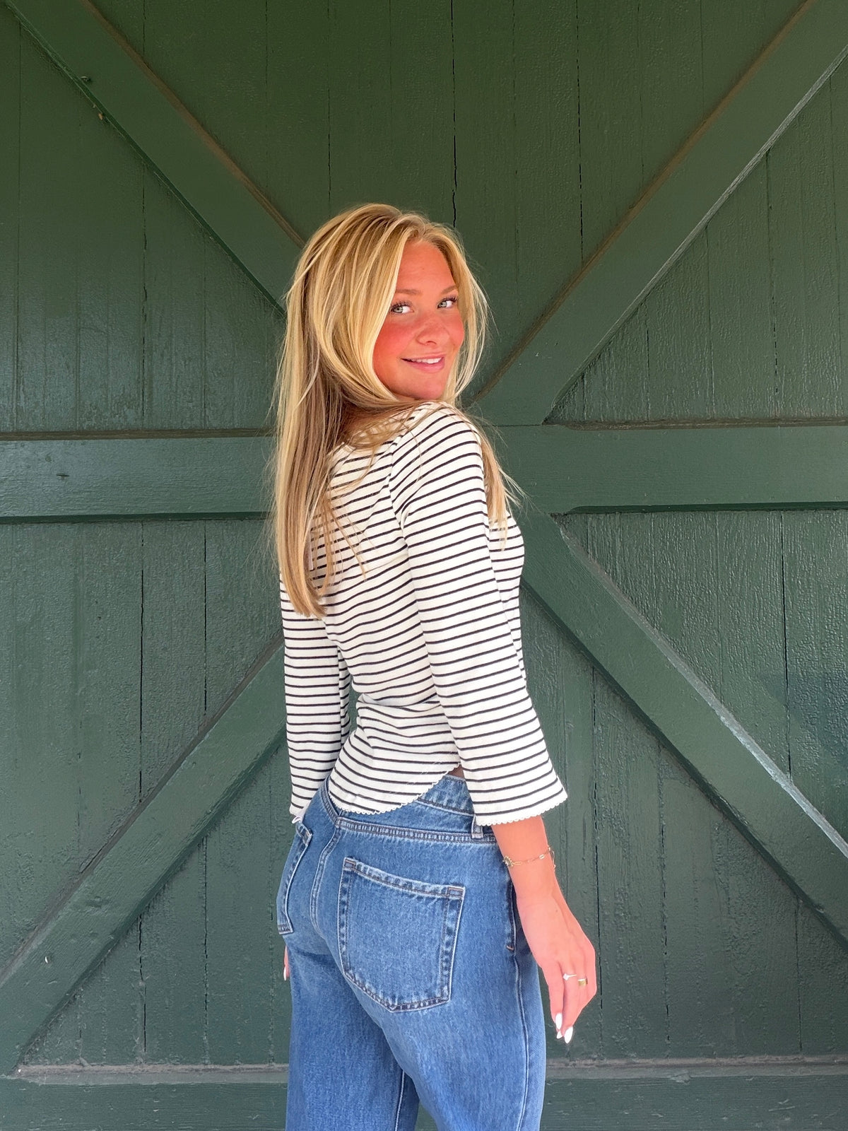 Ava Stripe 3/4 Sleeves Round Hem Top