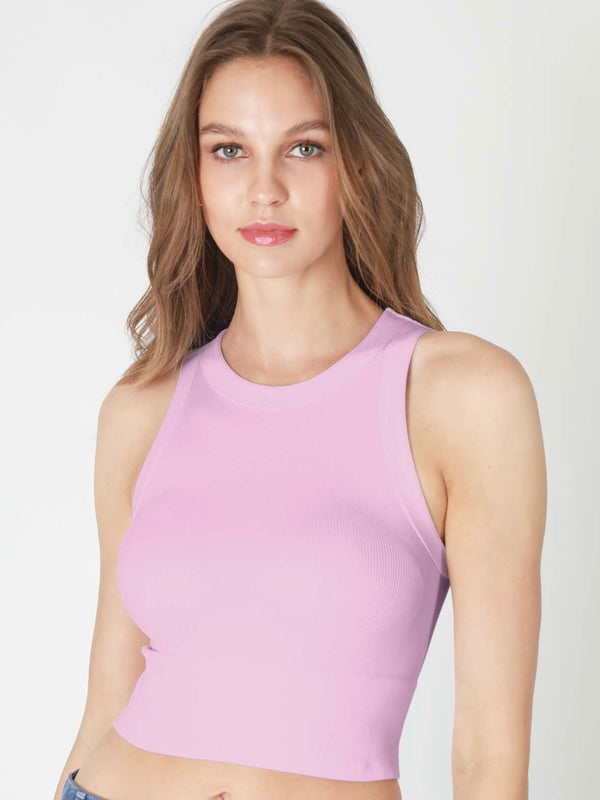 Kennedy Ribbed High Neck Peony Pink Crop Top