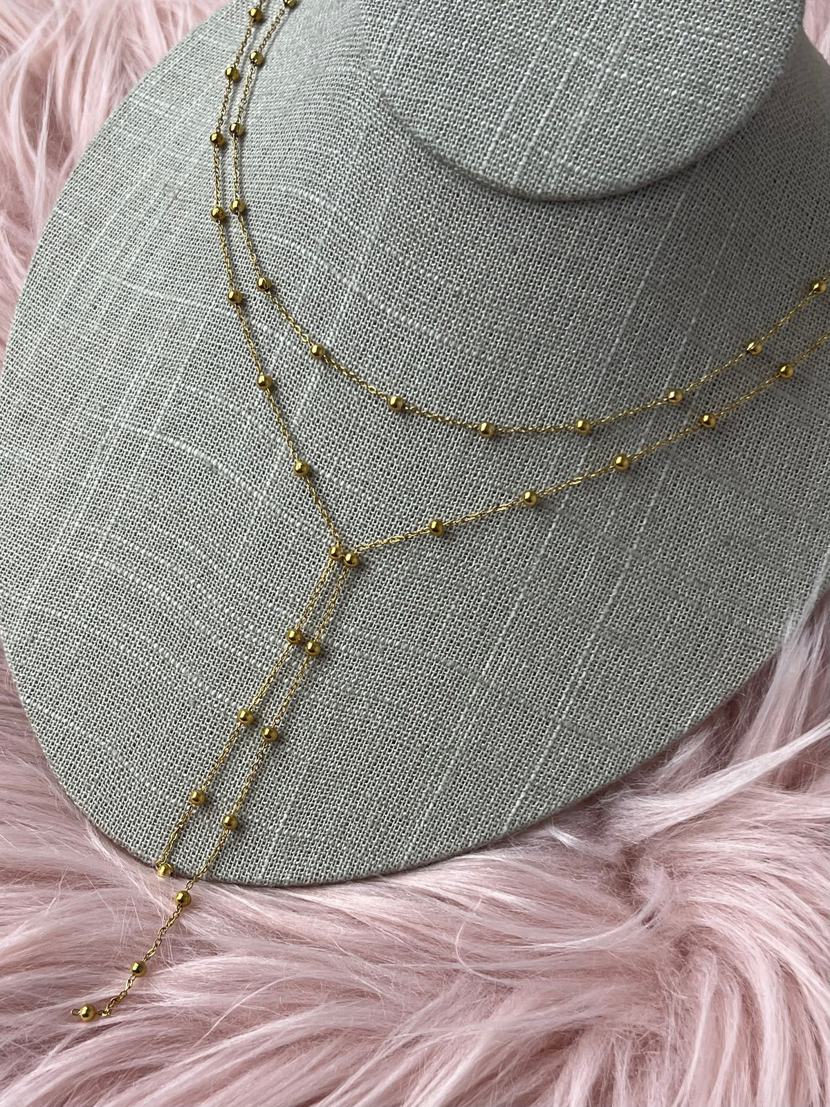 Golden Double Chain Lariat Necklace – 18K Gold Plated Stainless Steel, Water & Tarnish Resistant