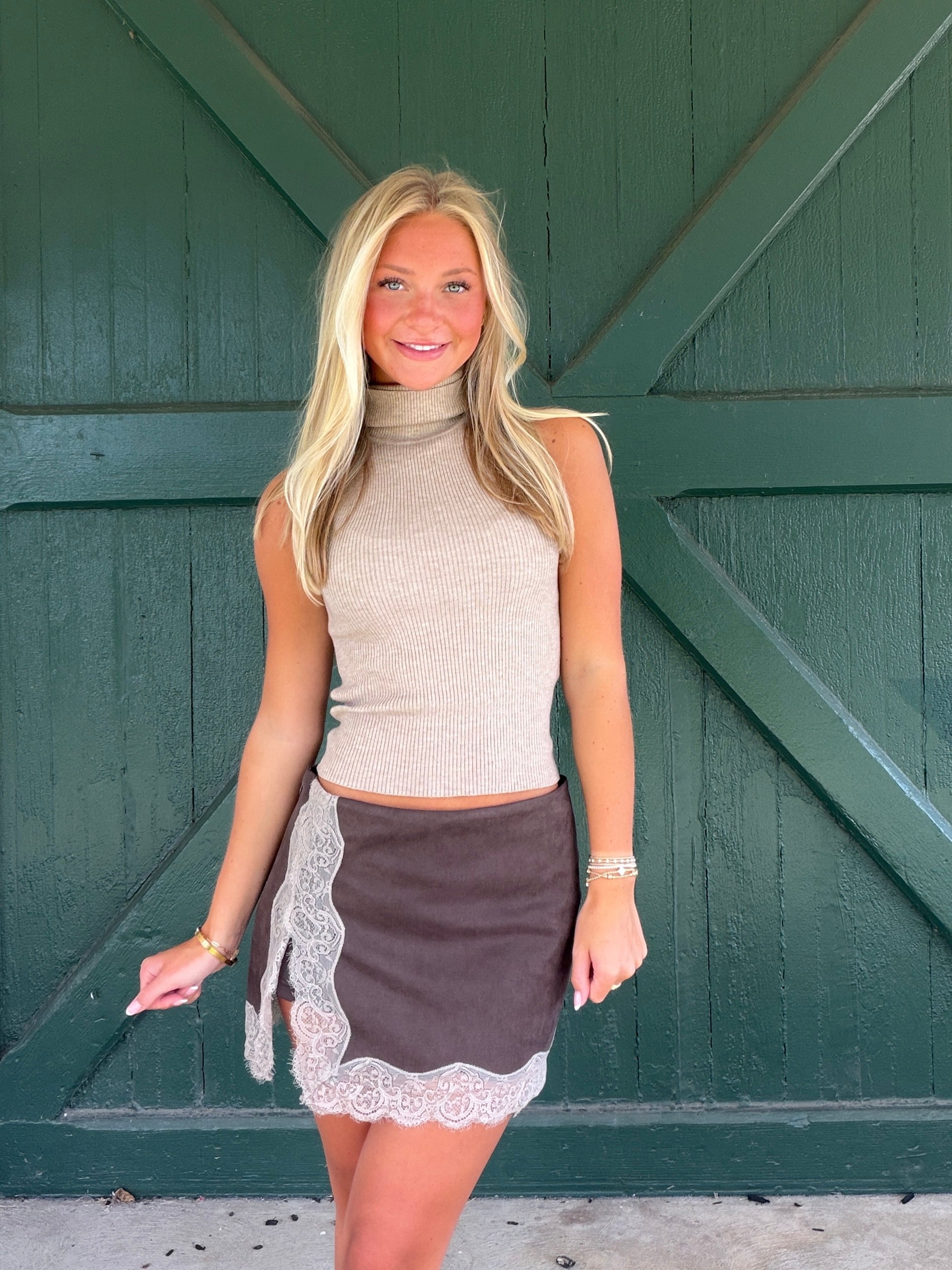 Sasha Lace Trim Faux Suede Mini Skort