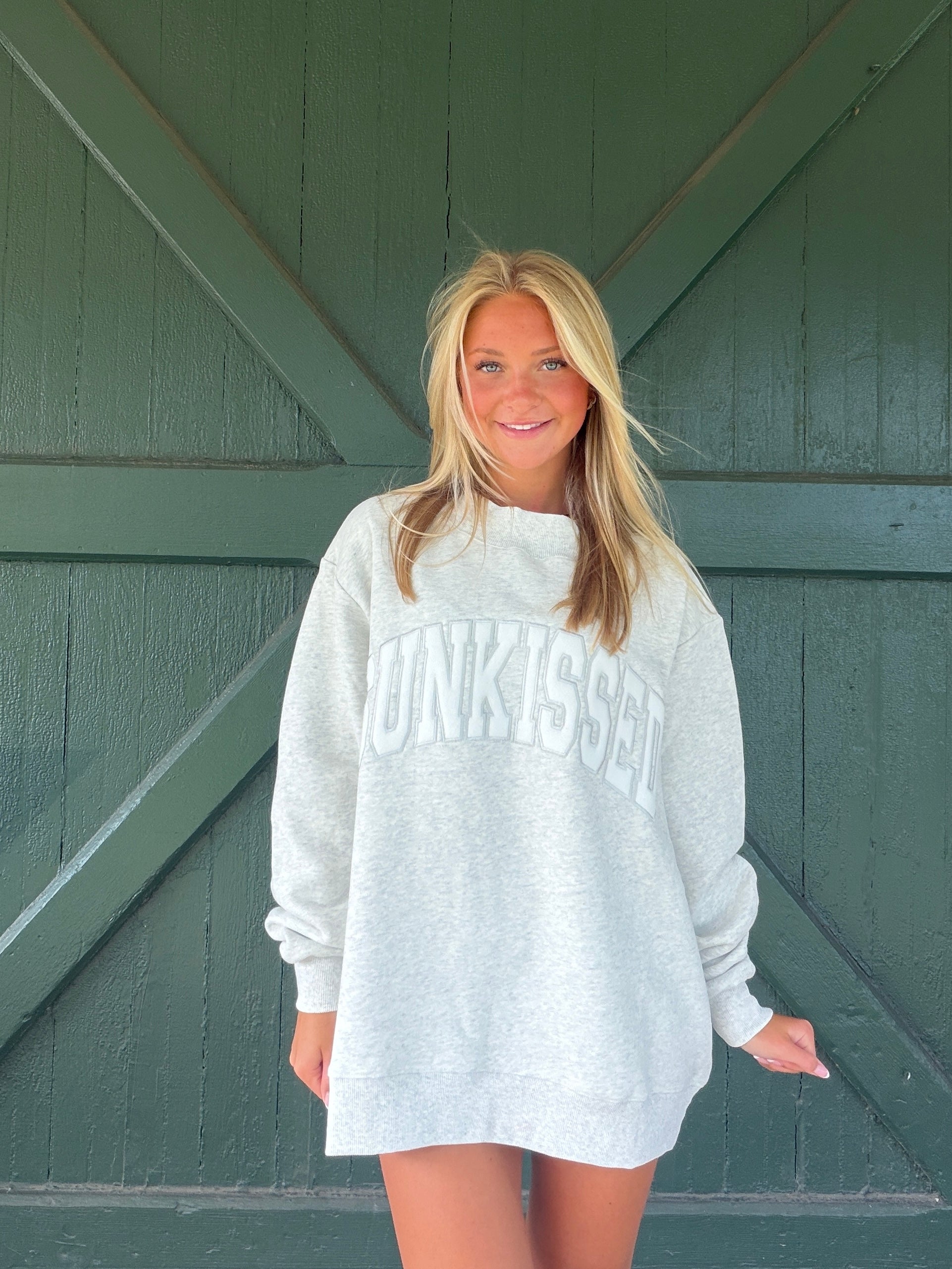 Sunkissed Coconut Pearl Grey Collegiate Embroidered Mockneck Sweatshirt