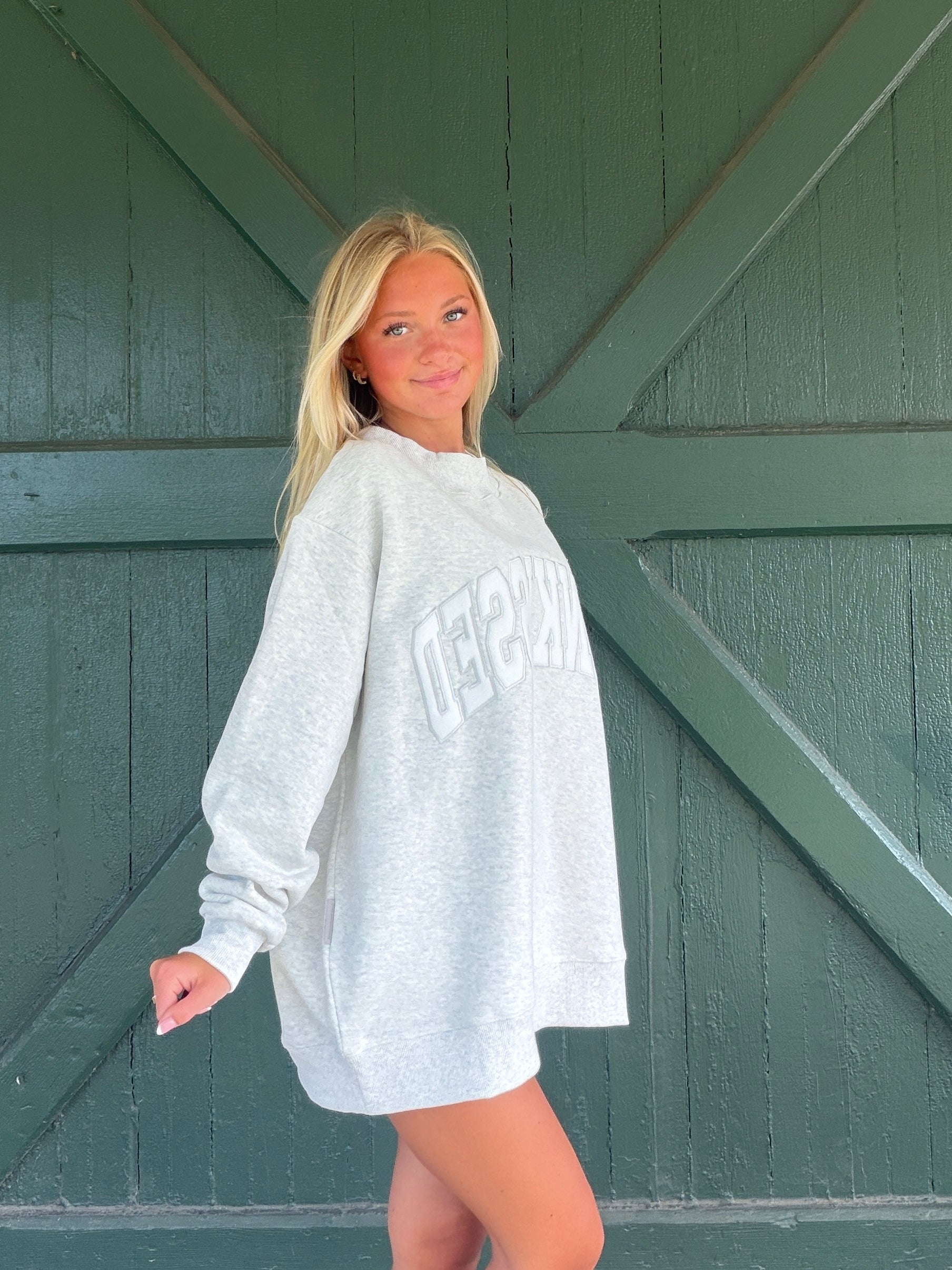 Sunkissed Coconut Pearl Grey Collegiate Embroidered Mockneck Sweatshirt