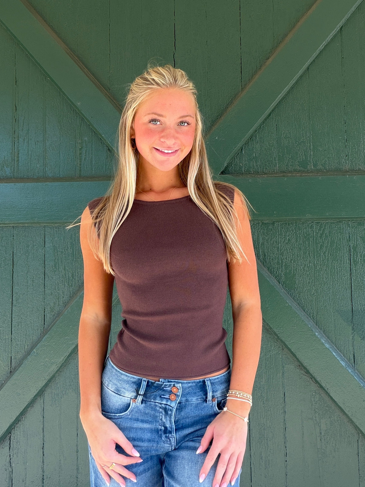 Espresso boat-neck knit tank, sleeveless with smooth knit front