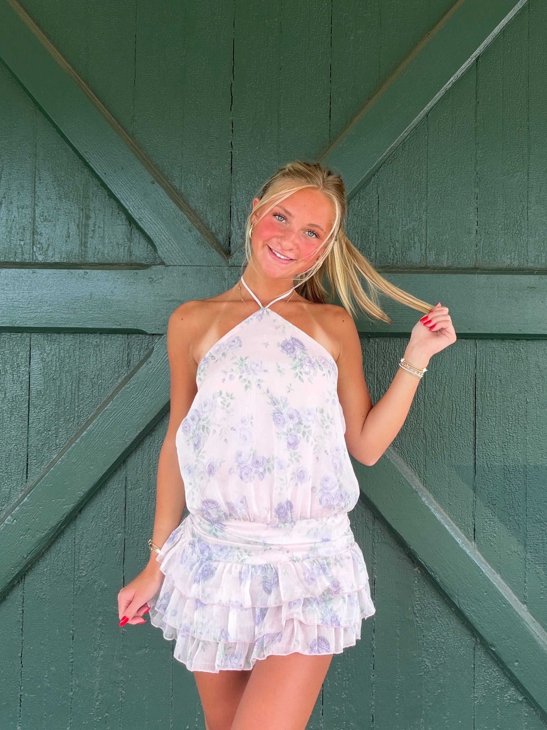 The Bella Halter Floral Mini Romper Dress - Petal Pink