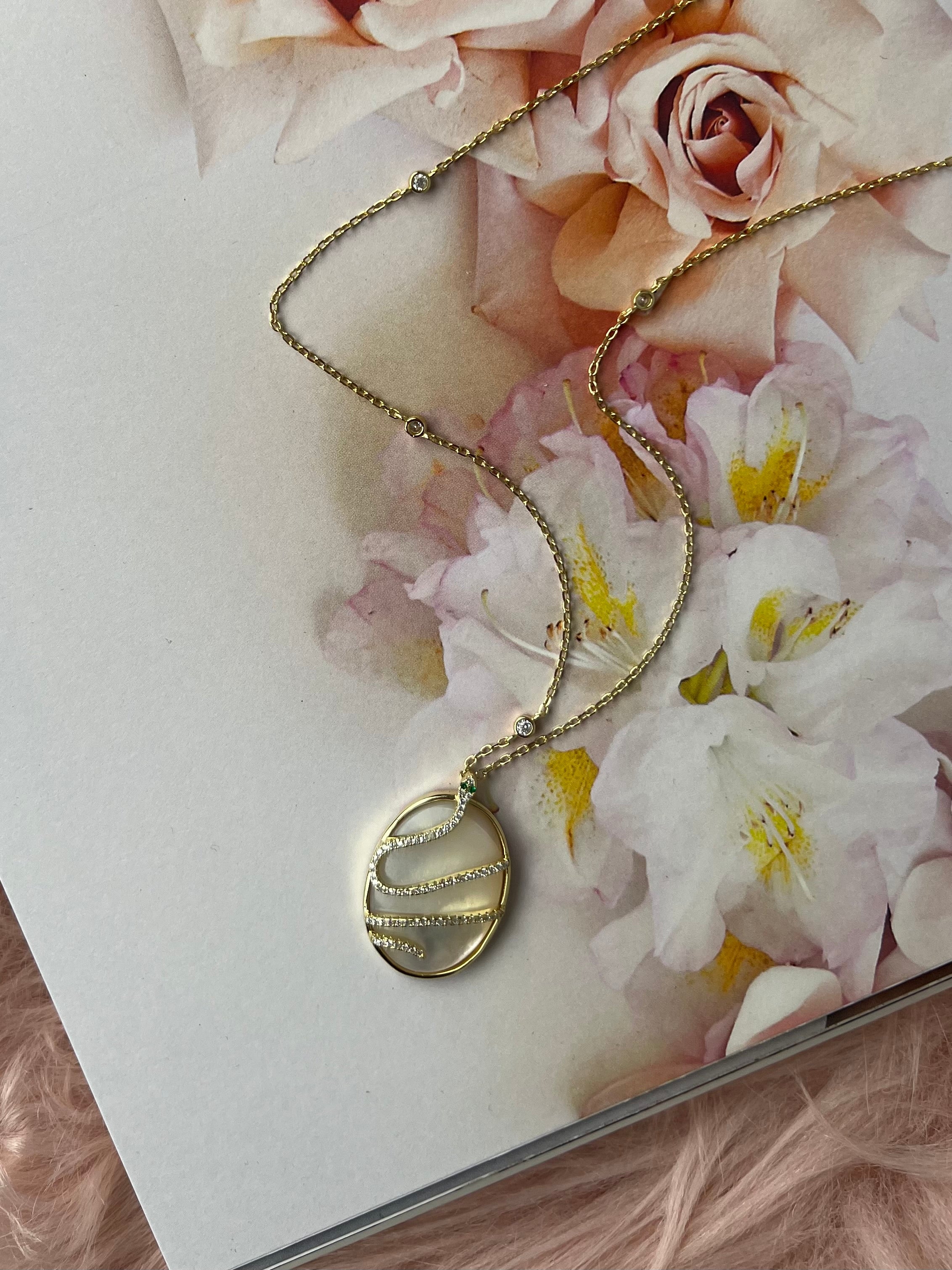 Luminous Oval Mother of Pearl Long Pendant Necklace