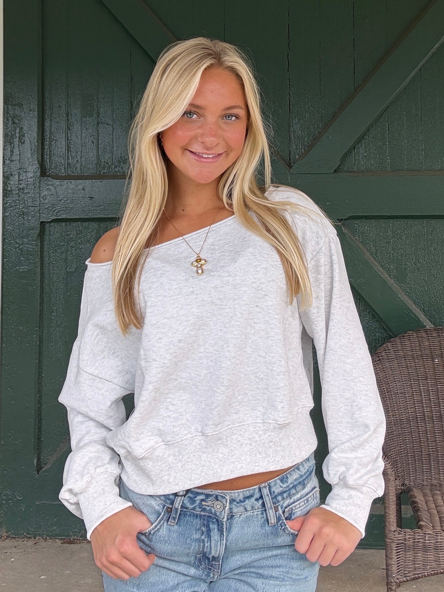 Everything White Melange Off The Shoulder Sweatshirt