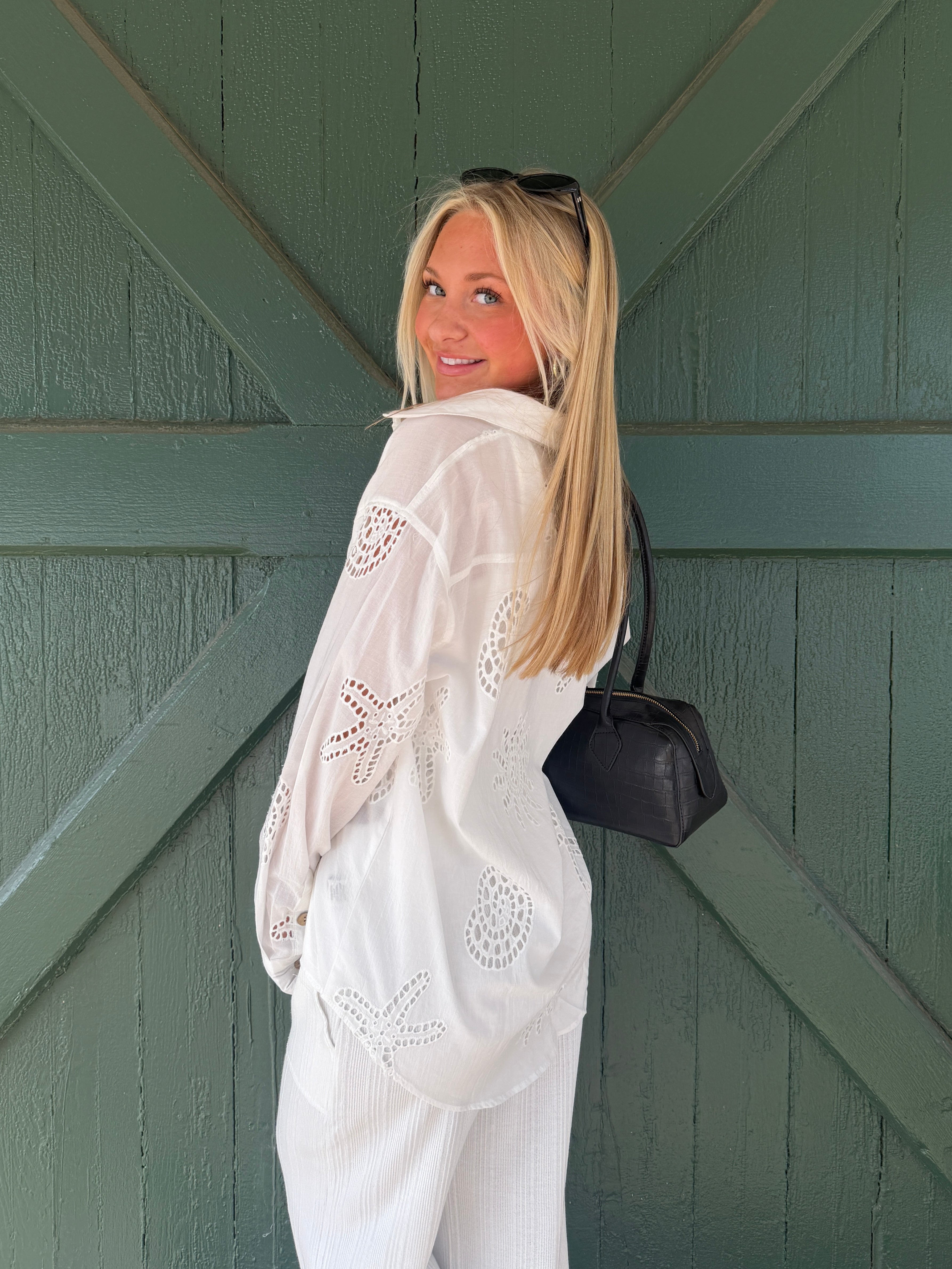 Vintage Havana White Ocean Eyelet Button Down Blouse