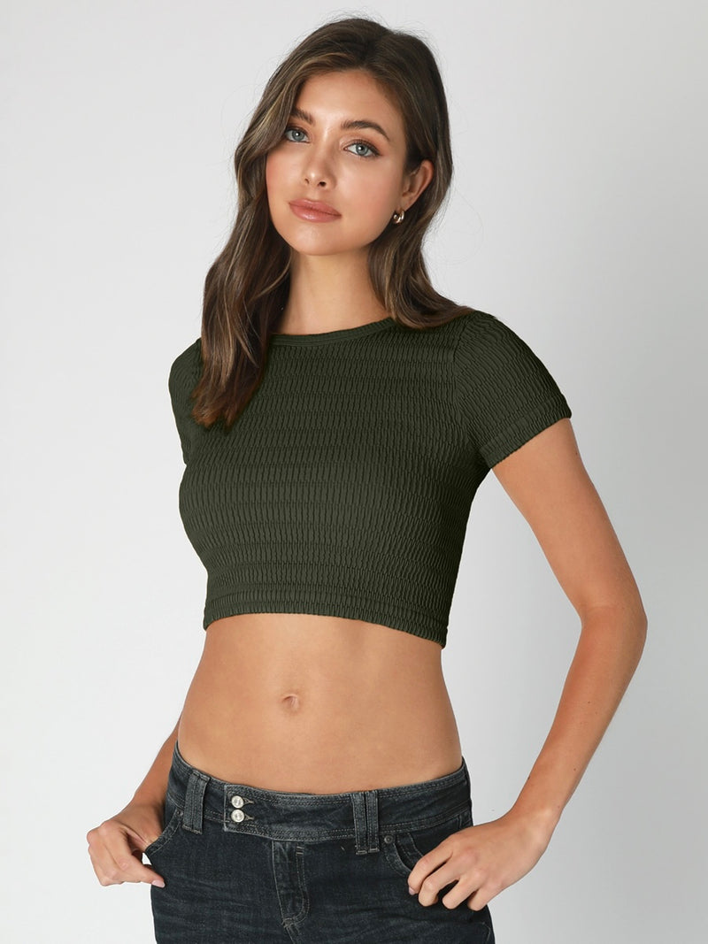 Lauren Kombu Green Shirred Short Sleeve Crop Top