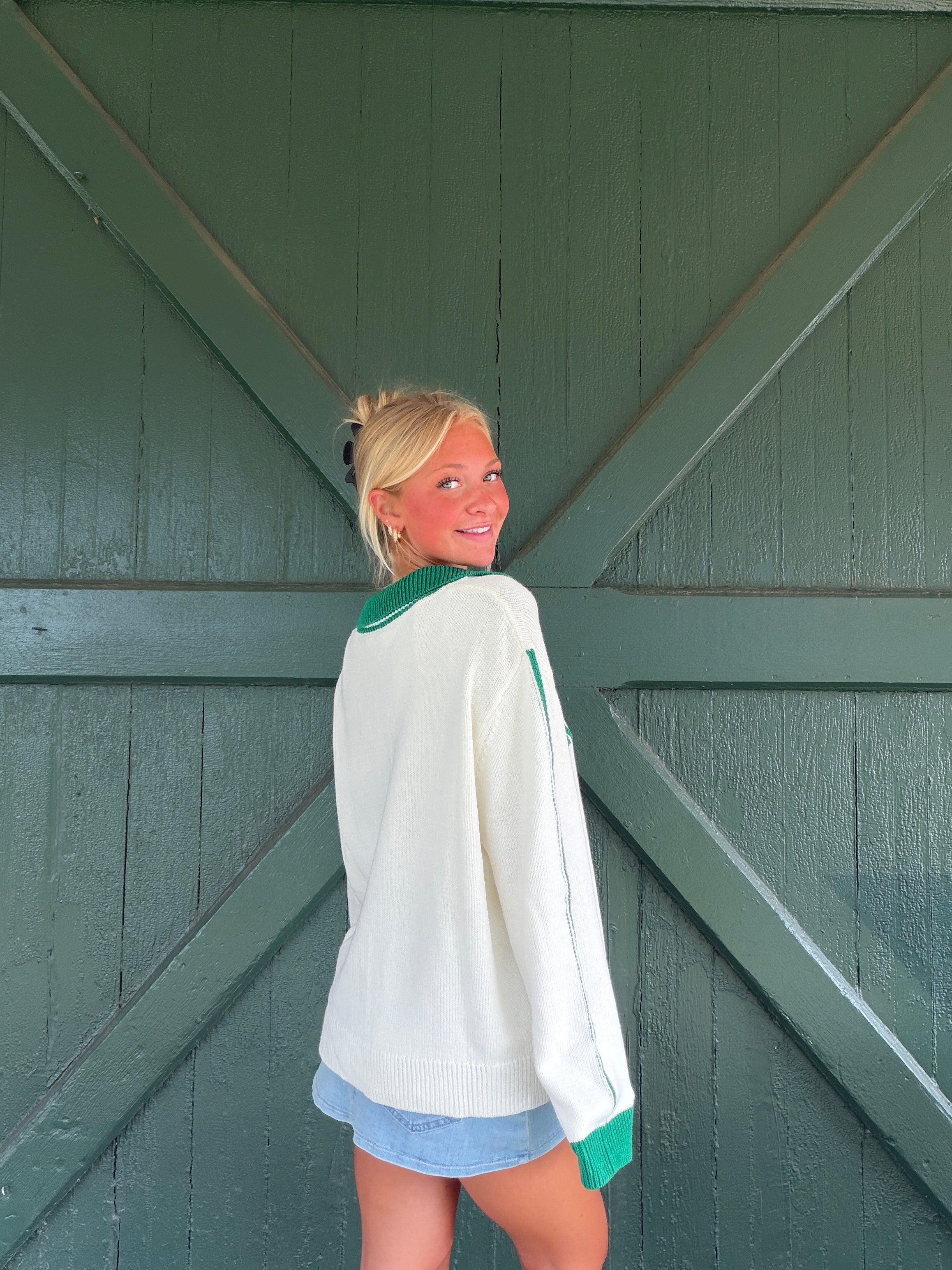 Philadelphia Split Collar Sweater-Green