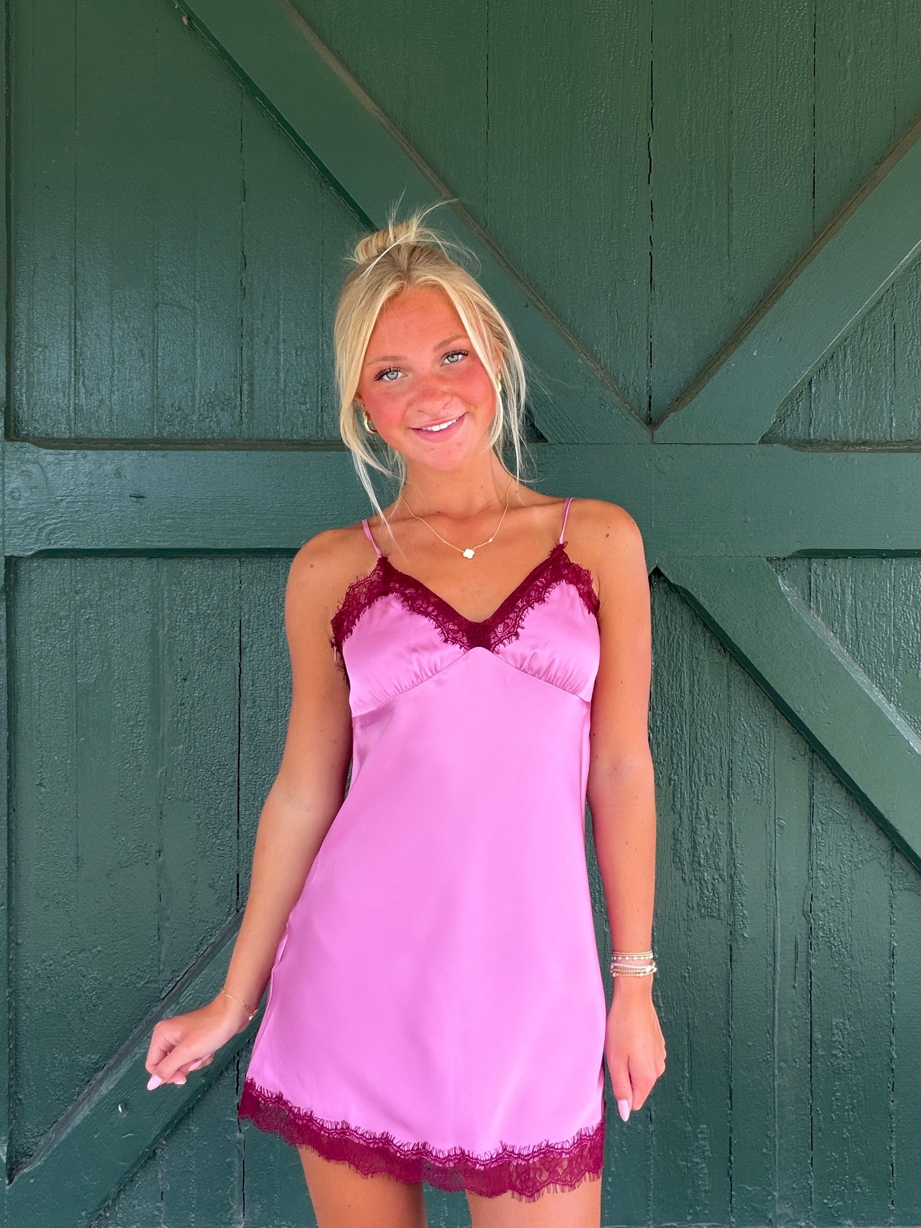Rosé Romance Lace Satin Mini Dress – Mauve