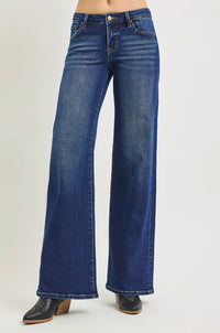 Dark blue low-rise wide-leg jeans with stitched seams, belt loops, and front button
