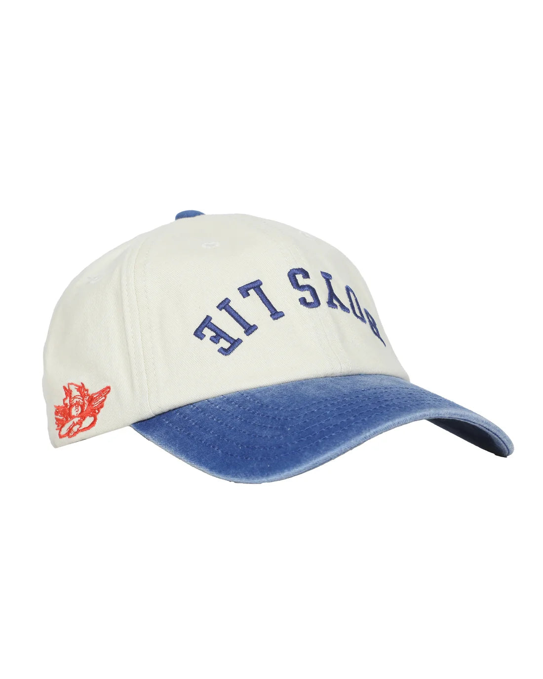 Boys Lie dad hat, cream crown with navy brim; blue embroidered text logo on side
