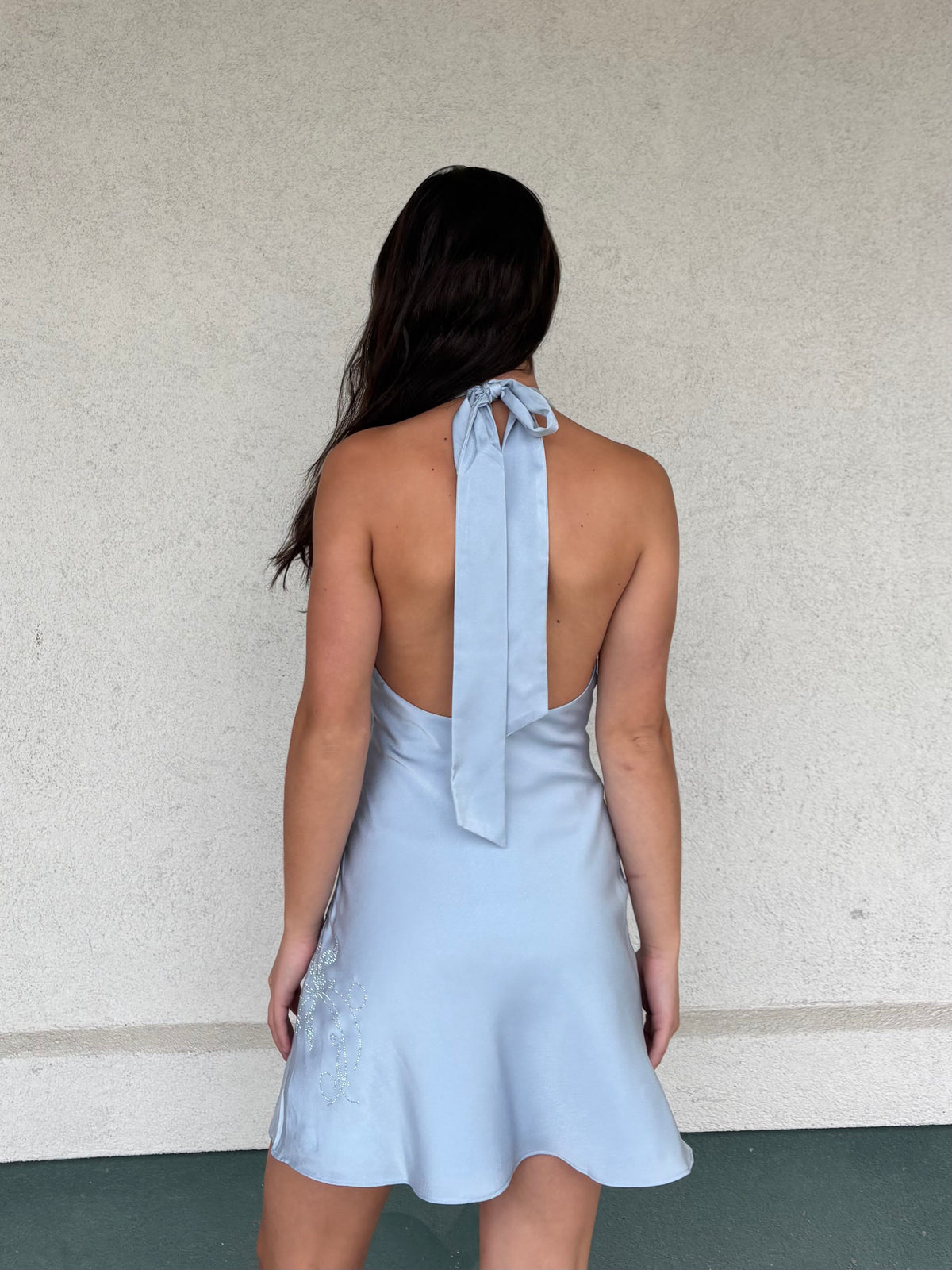 Silky Halter Mini Dress with Crystal Detail