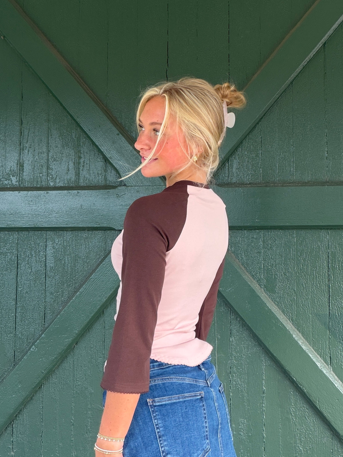 Brown and white 3/4 sleeve baseball tee with raglan sleeves