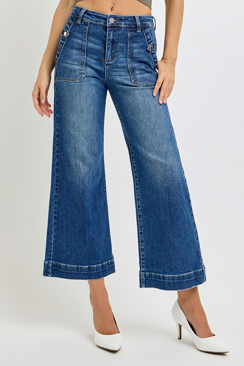 High Rise Ankle Wide Leg  Patch Pocket Detail Jeans