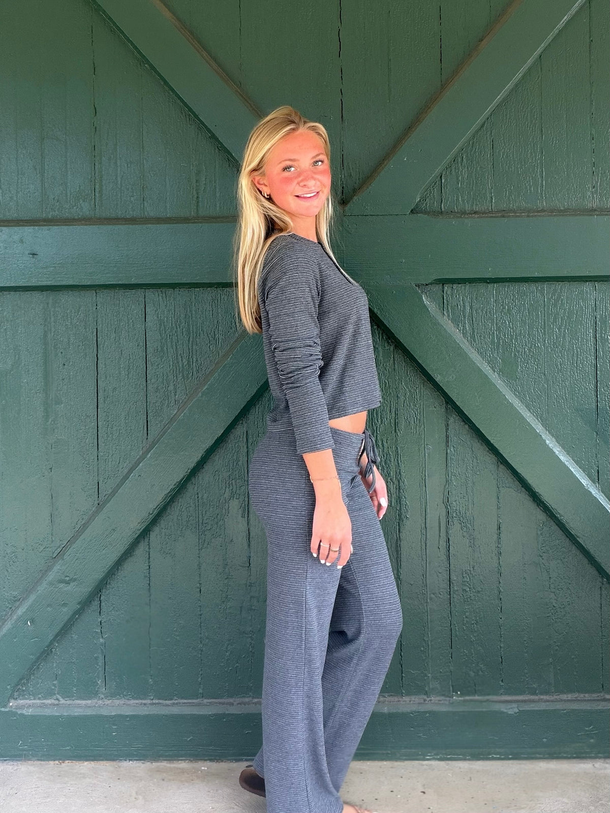 The Comfy Social Cardigan – Dark Grey Stripe