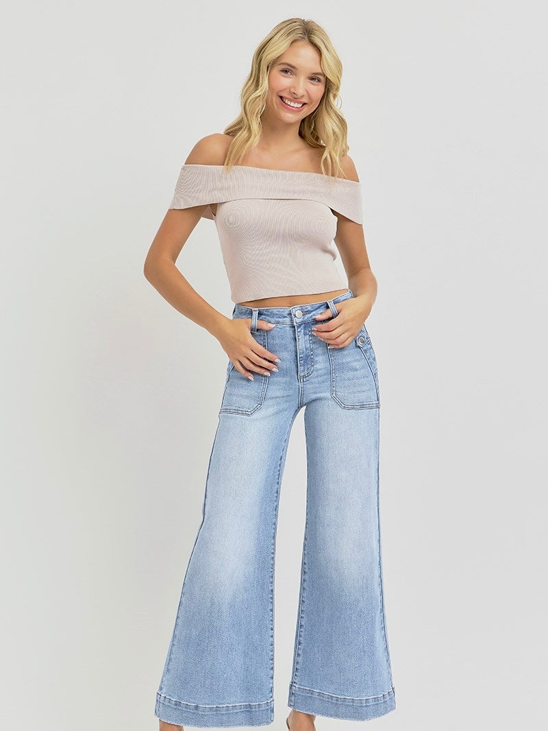 High Rise Light Wash Ankle Wide Leg  Patch Pocket Detail Jeans