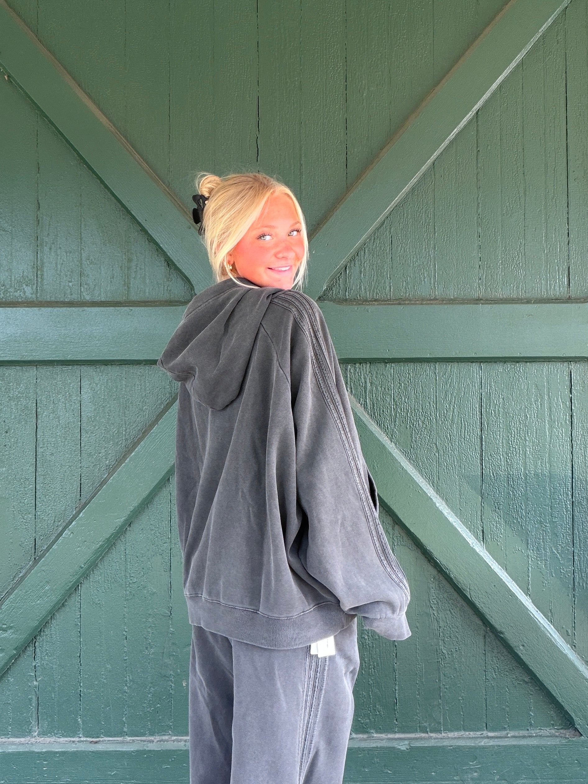 Vintage Havana Dark Cement Garment Dye Hoodie with Stripe Detail