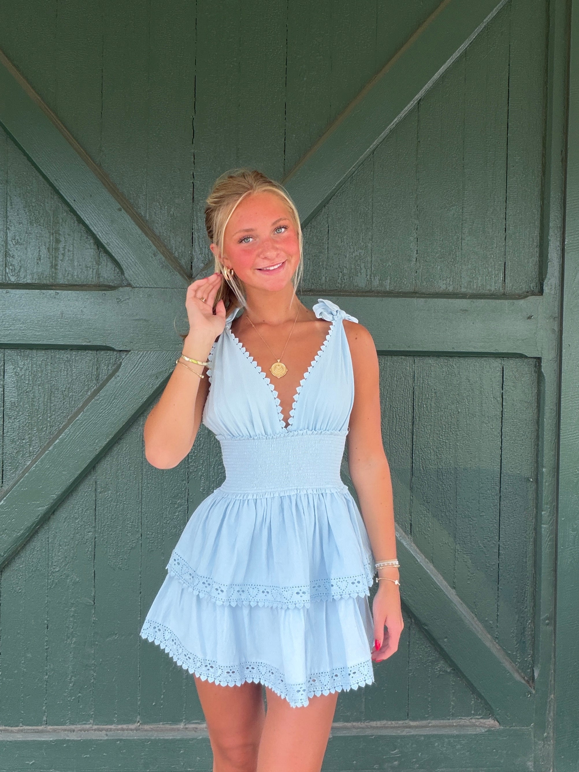 Penelope Baby Blue Tie Strap Layered Lace Mini Dress