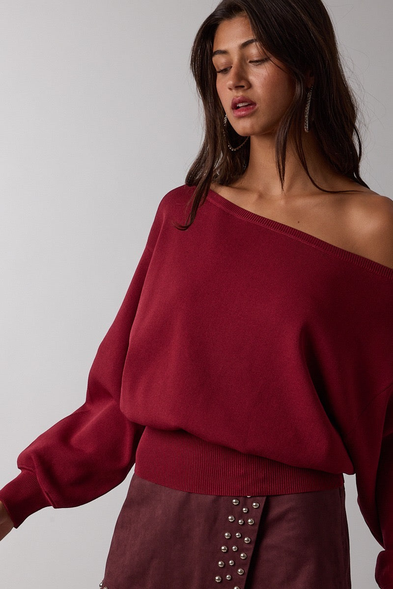Newport Dark Red Off the Shoulder Sweater