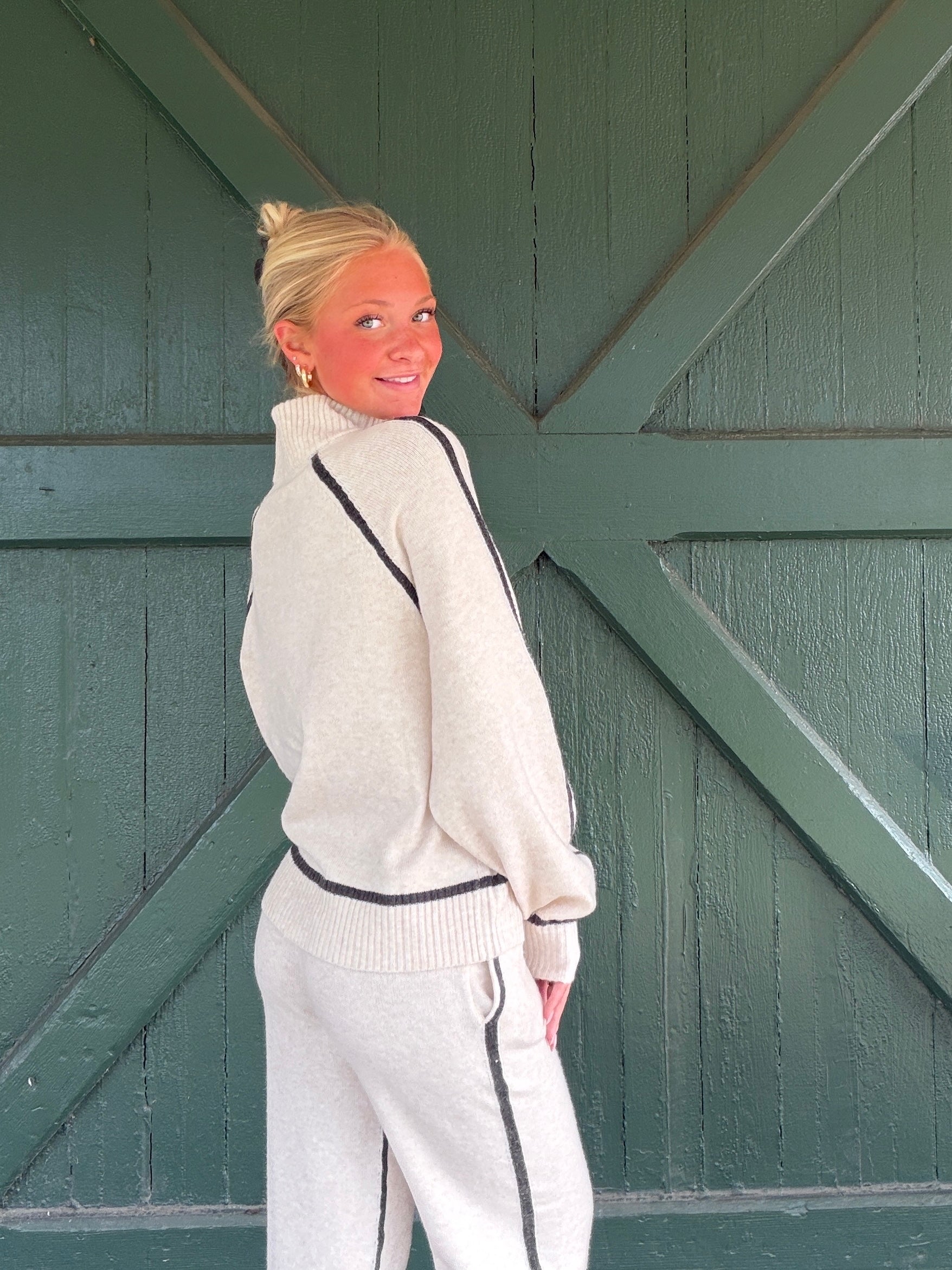 Vintage Havana Heathered Cream Knit Quarter Zip with Contrast
