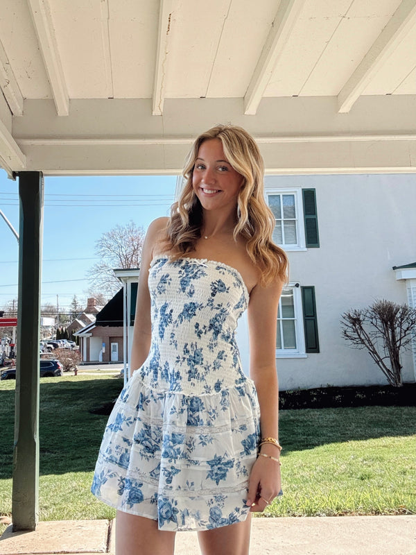 Gianna Blue Rose Strapless Dress