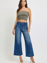 High Rise Ankle Wide Leg  Patch Pocket Detail Jeans