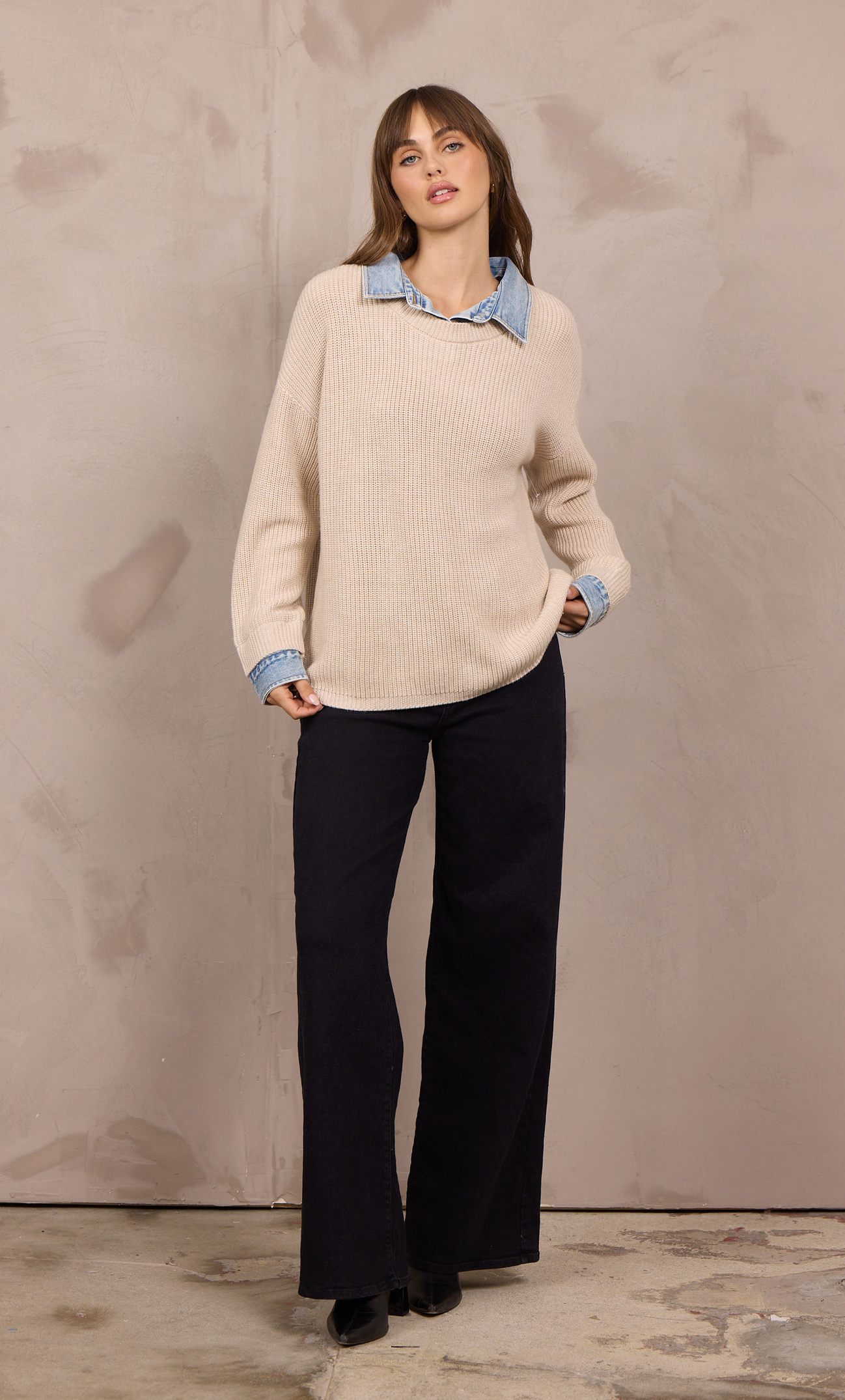 Vintage Havana Light Taupe Sweater with Denim Collar and Cuff